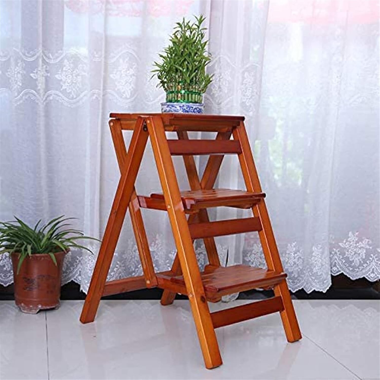 Wooden 3 Tier Folding Step Stool & 3 Step Ladder for Indoor Climbing Safety Foldable Shelving Household Stair Chair with High Chair Seats Perfect for Kitchen and Garden Use