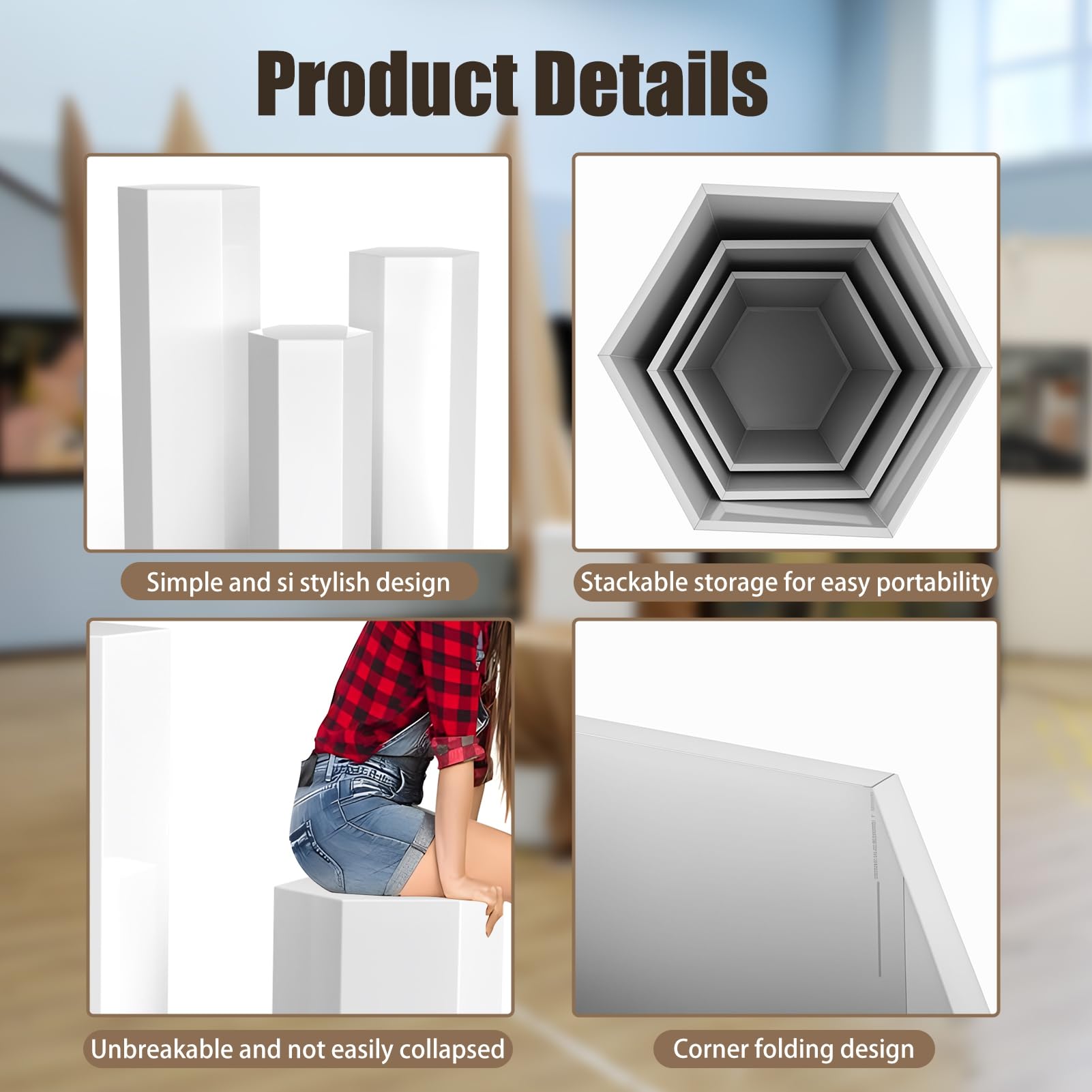 Stand de piédestal Hexagonal, Ensemble 3 étalages en Fer pour Un Cadeau gâteau, réutilisable Le décor d'événements d'anniversaire Douche bébé, piliers Mariage la fête Blanc