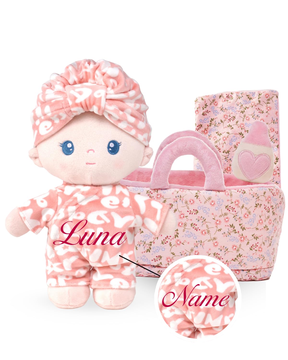 LeyaDoll Soft Baby Doll Set for Toddlers - Personalized Plush Doll Toys with Bassinet, Blanket and Bottle, First Baby Doll Accessories (9'') for Pretend Play and Sleeping Cuddle - Pudding Baby-Light