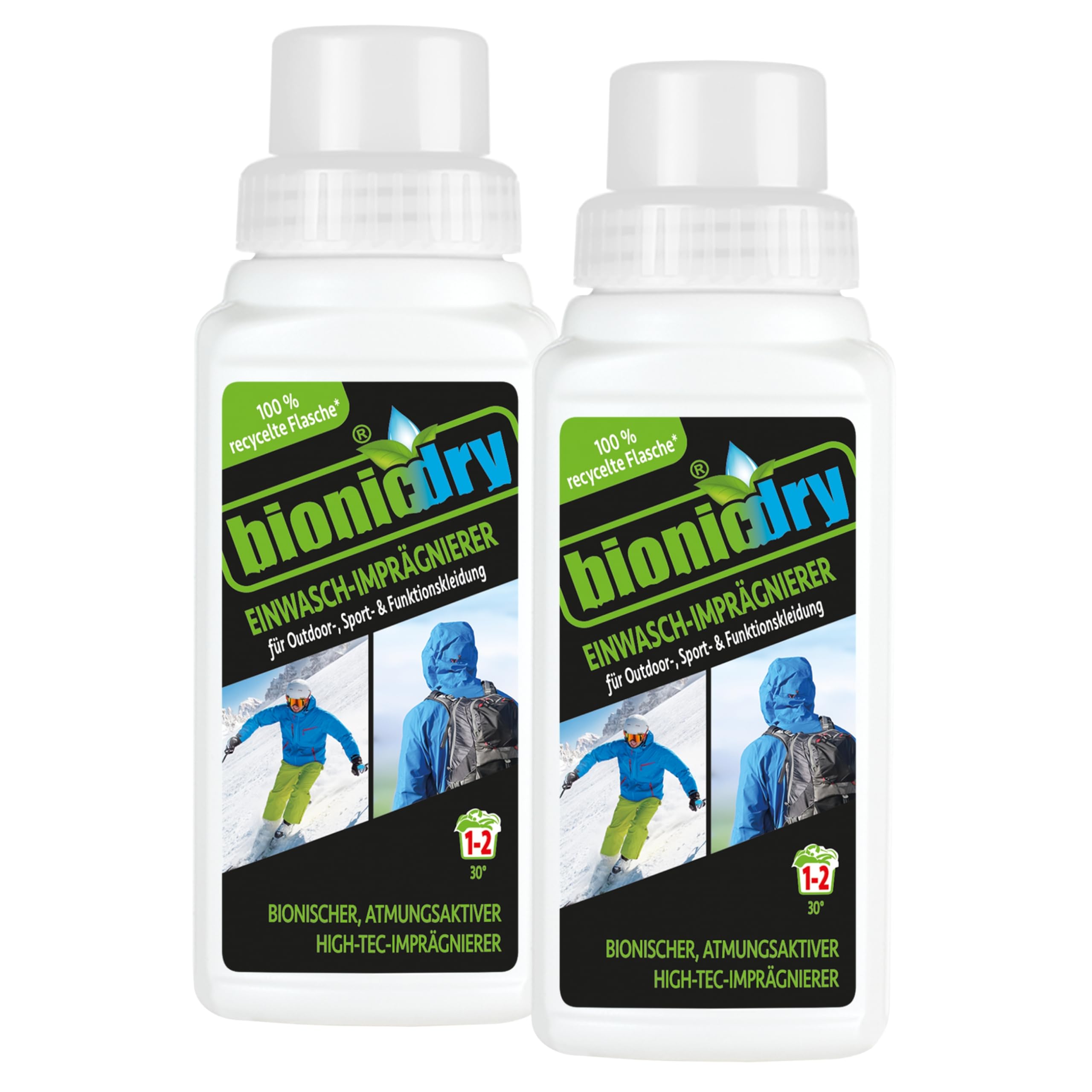 bionicdry Einwasch-Imprägnierer Doppelpack (2 x 250 ml) Flüssigimprägnierer zur Nachimprägnierung von Outdoorkleidung & -Equipment, Waterstop für Sportbekleidung, Rucksäcke, Sonnensegel, PFC-frei