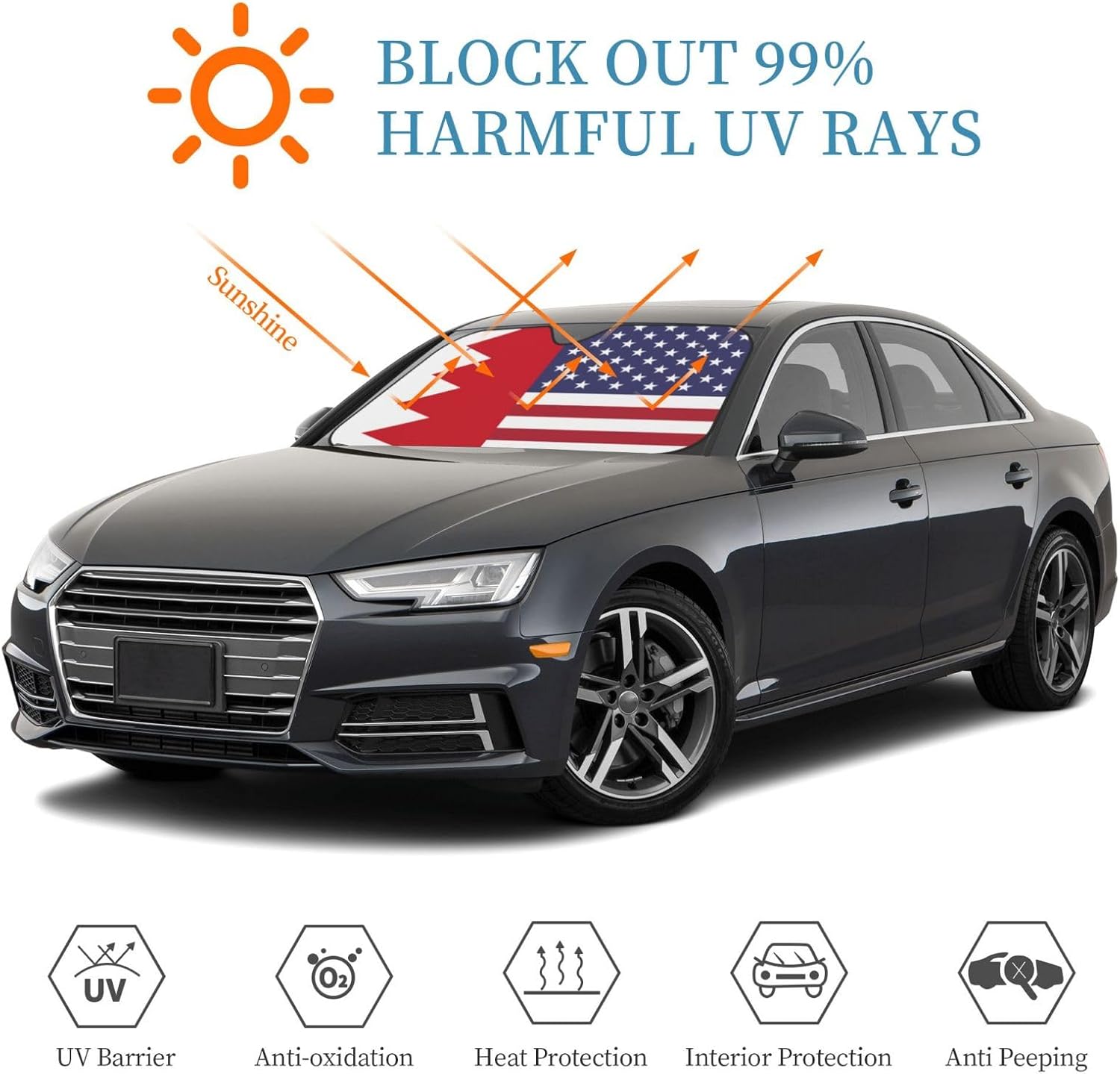 America Bahrain Friendship Flag Foldable Car Windshield Sunshade Blocks Heat and Sun Glare Uv Rays