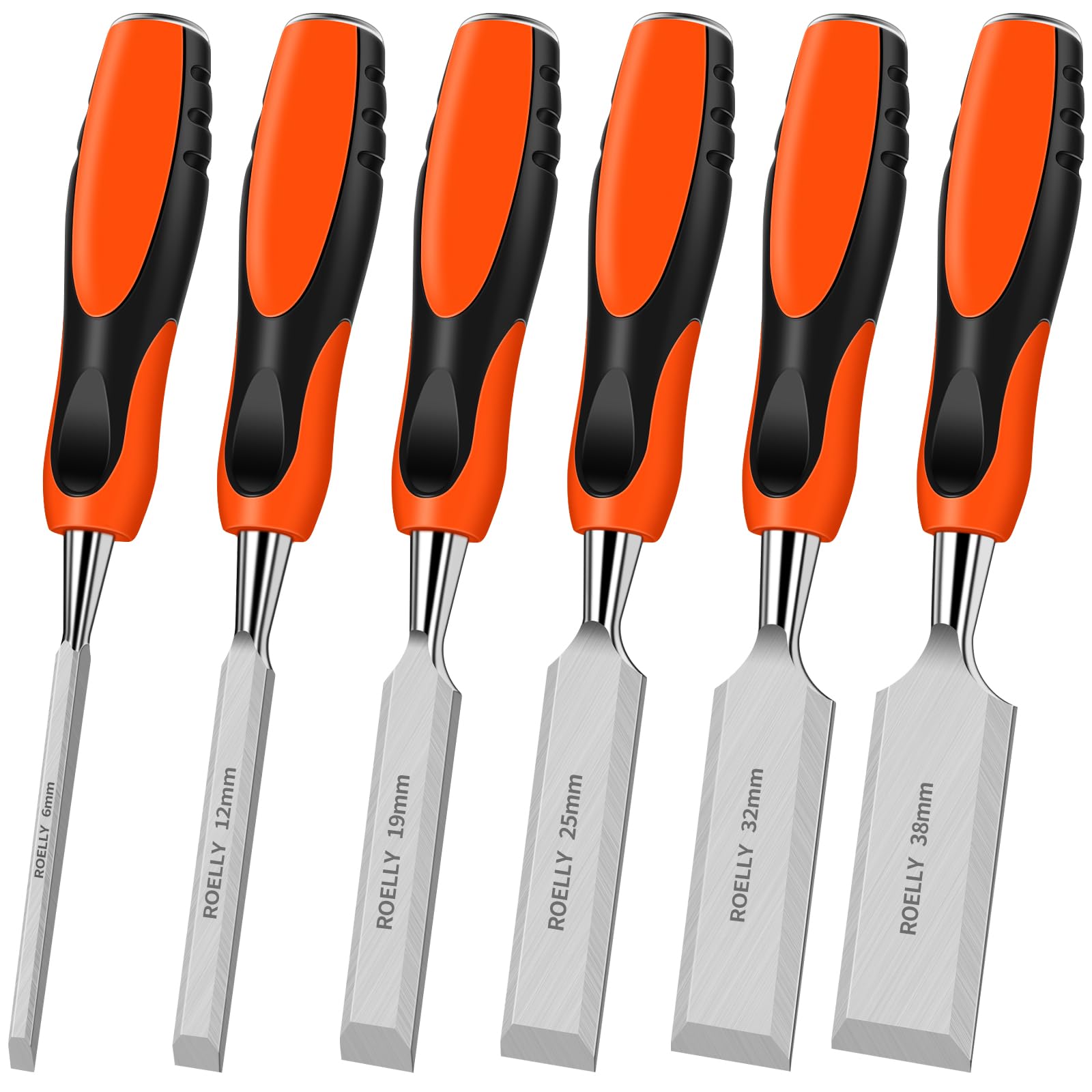 ROELLY Ciseaux a Bois Professionnels 6 Pièces, 6, 12, 19, 25, 32, 38 mm, Gouge a Bois,Outils Menuiserie，Lames Tranchantes Avec Poignées Confortables pour La Sculpture Sur Bois