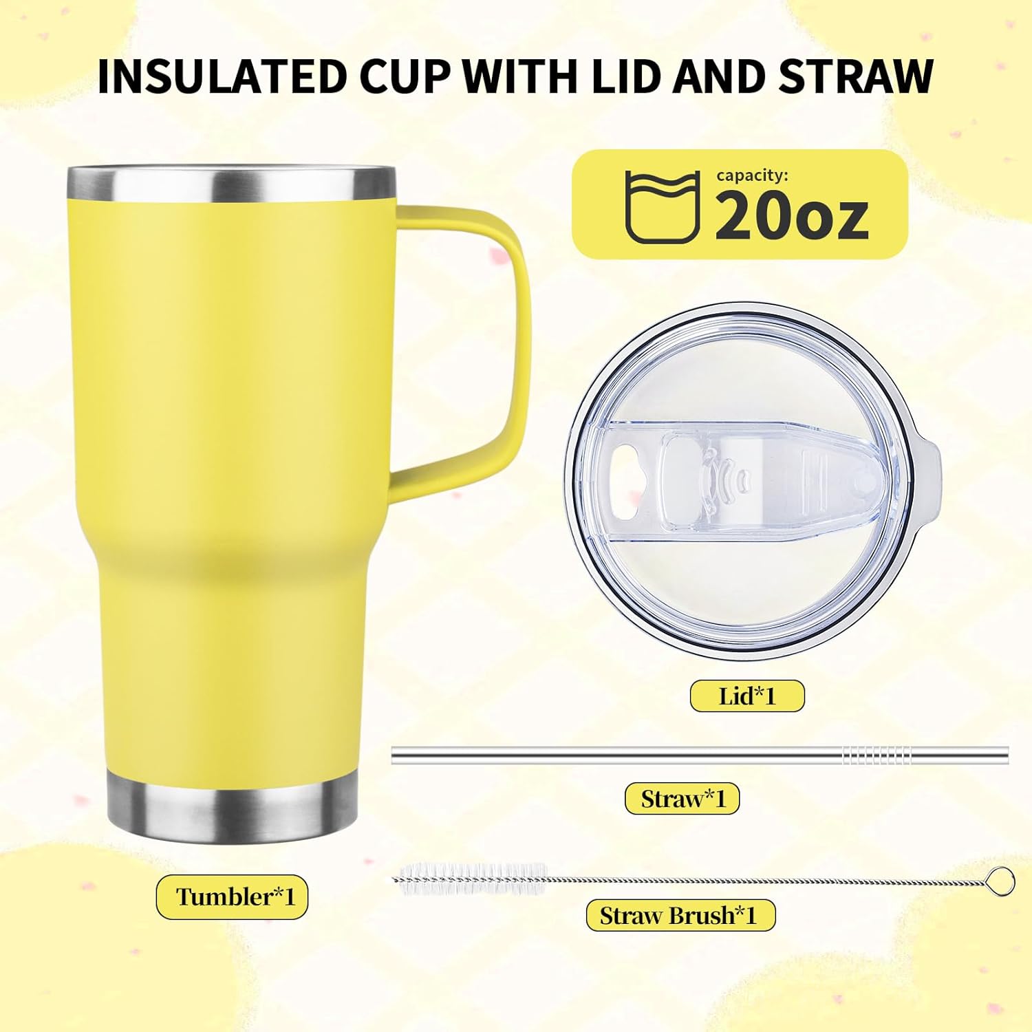 20oz Insulated Tumbler with Handle Stainless Steel Travel Coffee Mug with Lid and Straw Double Wall Vacuum Leak-proof Reusable Thermal Water Cup for Hot and Cold Drinks (Yellow,1 Pack) - Image 6