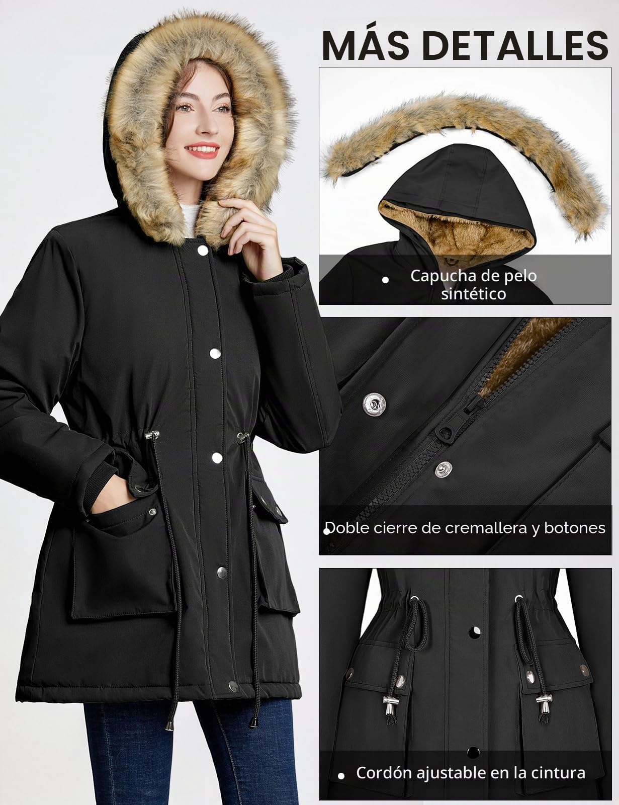 heekpek Abrigo Largo Mujer Invierno Impermeable Cálido Parka Mujer Cremallera Gruesa Forro Polar Chaqueta de Invierno Mujer con Bolsillos y Capucha
