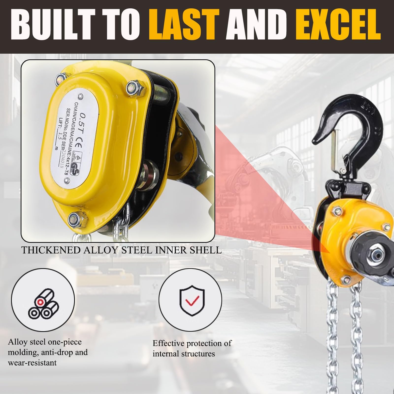 Sollevatore manuale a catena con ganci resistenti e catena G80, mini sollevatore per garage, magazzini, officine automobilistiche, ad alta capacità, facile da usare