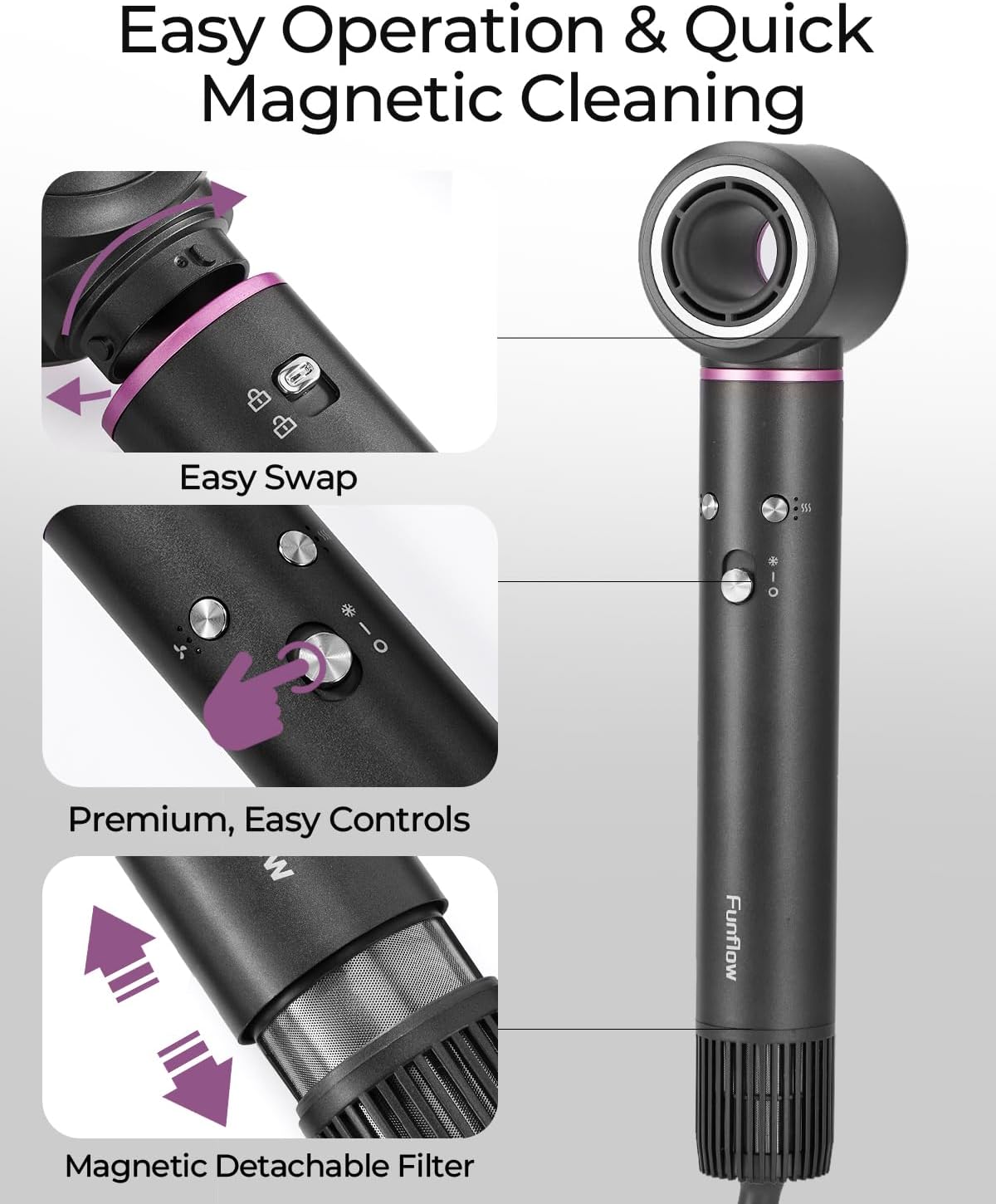 Funflow 5 in 1 Hair Styler – High-Speed 110,000 RPM Hair Dryer Brush with Auto Curling, Straightening & Volumizing Brushes for Quick, Frizz-Free Styling & No Heat Damage, Convenient Hair Styling Tools - Image 6