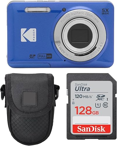 Kodak PIXPRO FZ55 - Cámara digital (azul) + funda para cámara de punto y disparo + tarjeta de memoria SDXC Sandisk de 128 GB
