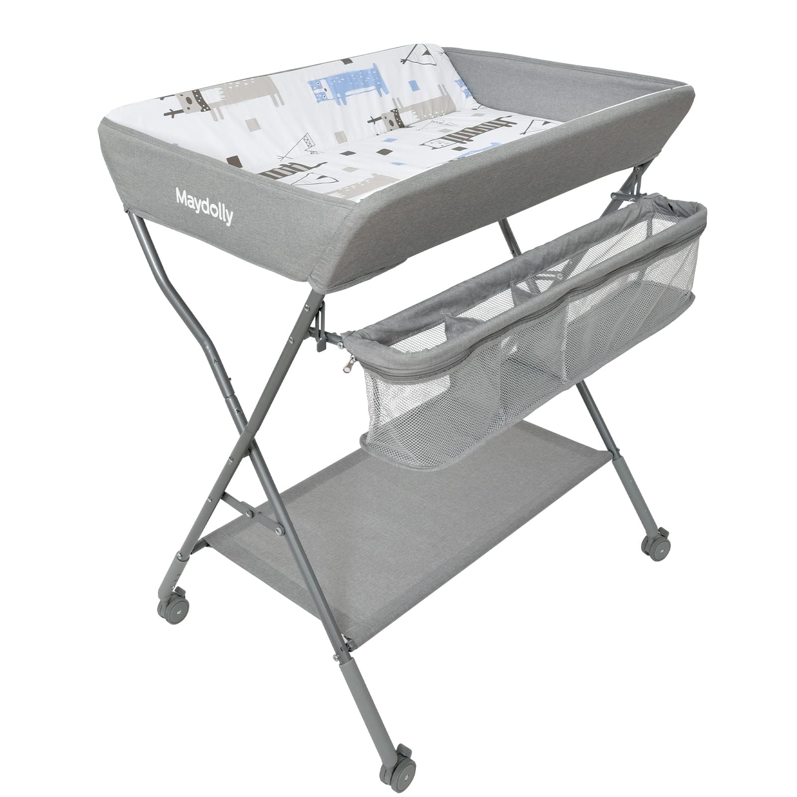 MaydollyBaby Mobile Changing Table with Wheels, Folding Changing Table, Height Adjustable, Waterproof, Light Grey