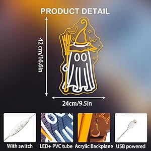 Looklight Ghost Broom Neon Sign Dimmale Neon Lights For Wall Decor Led Lights For Halloween Bar Man Cave Club Party Decor Gifts USB Powered 16.54x9.45in