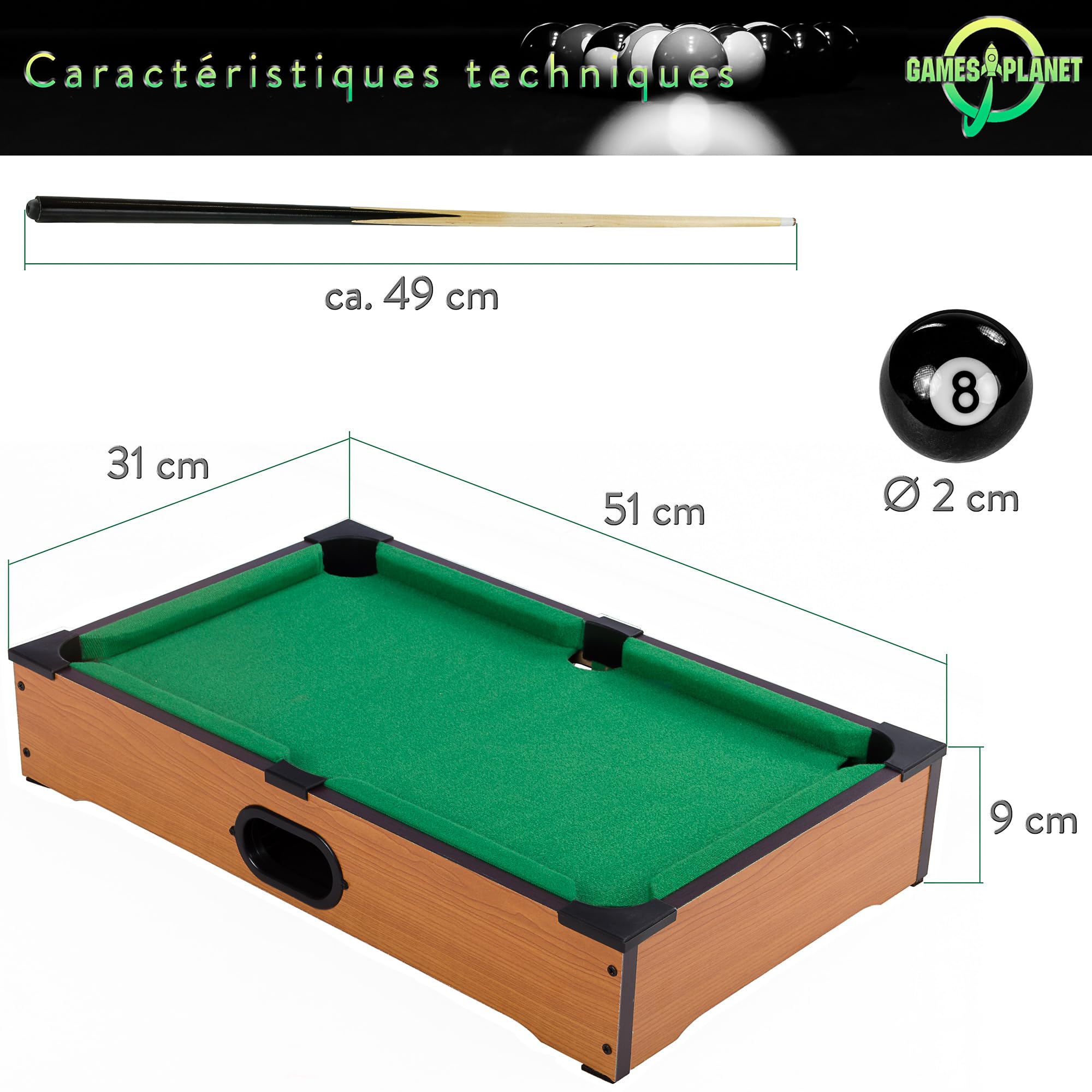 GAMES PLANET Mini Billard Nano avec Accessoires (2 queues, Boules, Triangle, Craie), 3 décors, Dimensions : 51 x 31 x 10 cm