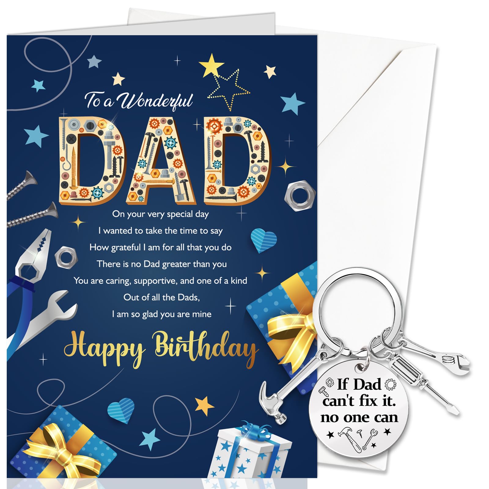 DPKOW Dad Birthday Card Gifts from Daughter Son, B-Day Keyring Keychain B-Day Greeting Card with Envelope, Happy Birthday Gifts for Dad