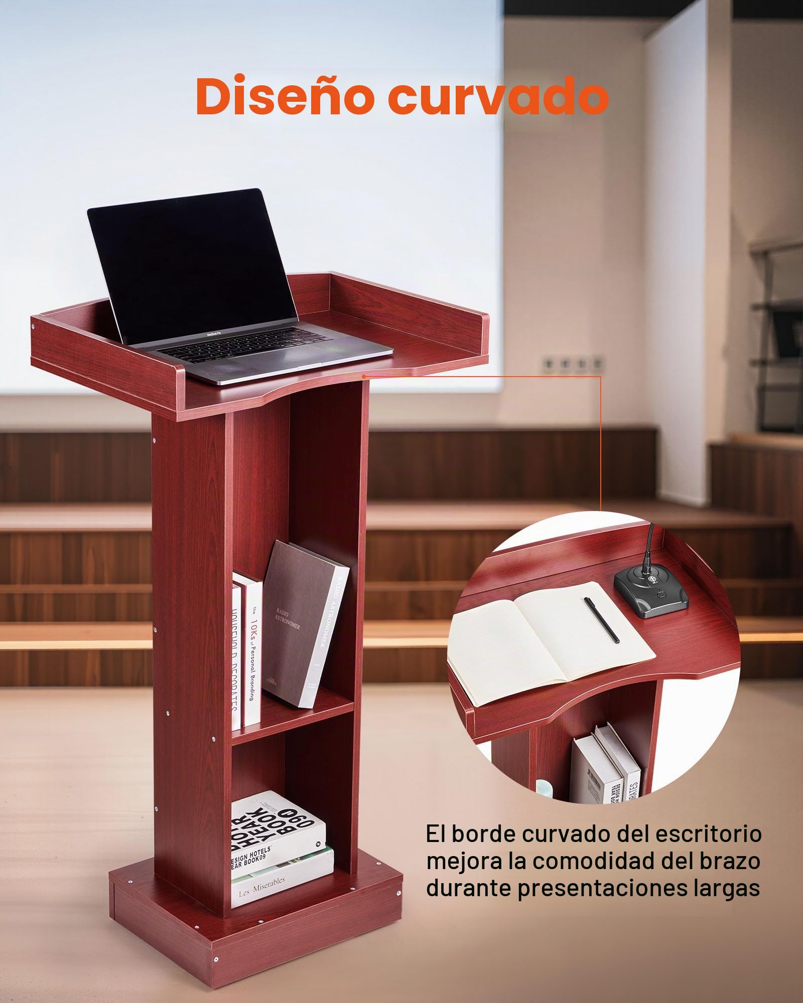 VEVOR Atril de Madera Alto de 105 cm, Soporte de Podio con Superficie de Lectura de 60 x 40 cm, con Estante de Almacenamiento para Aulas, Conferencias, Iglesias, Presentaciones, Discursos, Conciertos