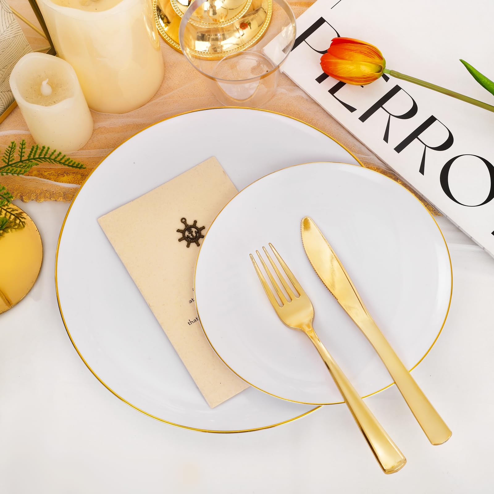 Festiva 176Pcs White and Gold Plastic Plates - White Plastic Plates with Gold Rim ??Ü25Dinner Plates 25Dessert Plates 25Cups 25Plastic Cutlery 25Hand Napkins 1Tablecloth for Party&Weeding&Christmas