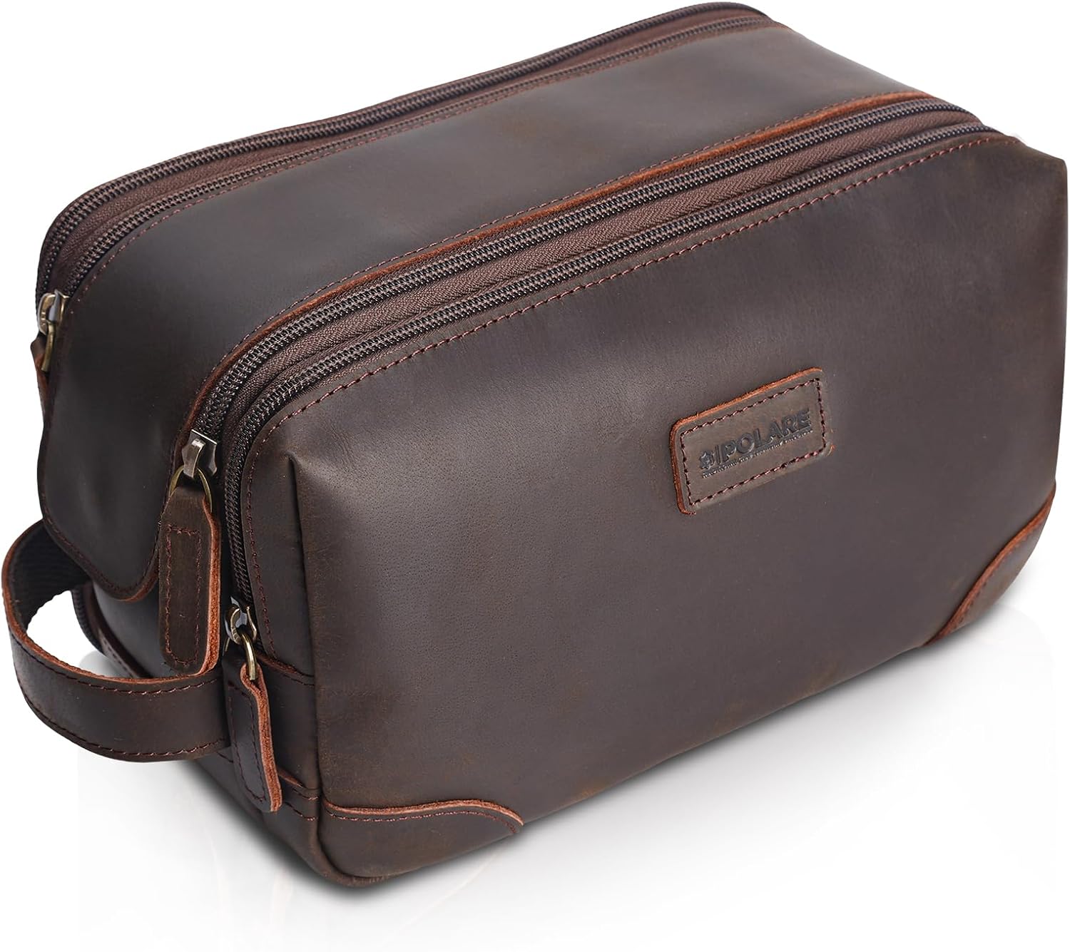 Polare Full Grain Leather Travel Toiletry Bag Dopp Kit Large Cosmetic Travel Case Shaving Kit Wash with YKK Zippers