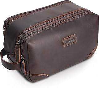Polare Full Grain Leather Travel Toiletry Bag Dopp Kit Large Cosmetic Travel Case Shaving Kit Wash with YKK Zippers