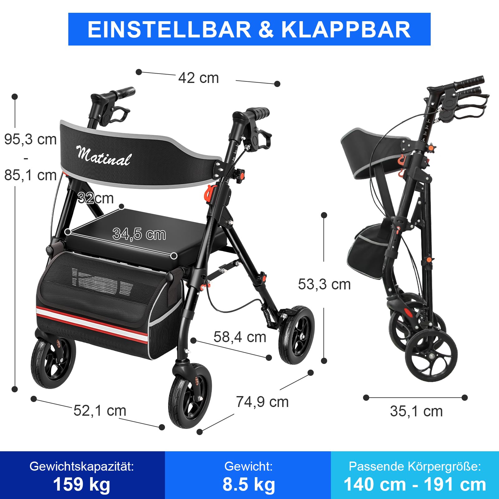 Andador plegable y ligero con asiento, andador para personas mayores de hasta 160 kg, con ruedas de 8 pulgadas y dirección de 360°, altura regulable en 6 posiciones, adecuado para uso diario