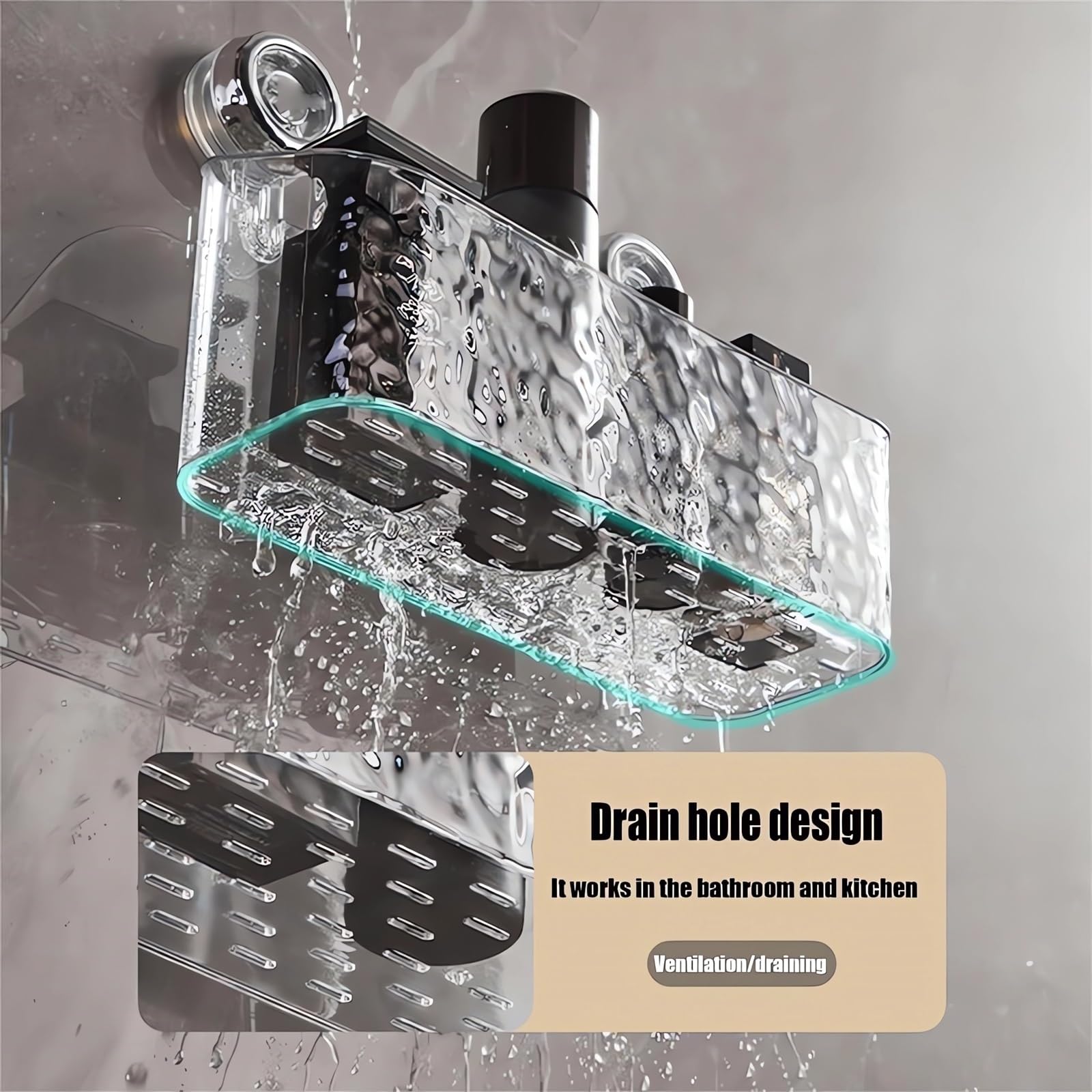 Corrugated Suction Cup Storage Holder Corner Shower Caddy Large Organizer Bathroom Shelf Clear Acrylic Shower Tray Shelves Inside Floating Shower Wall Shelf Bath Basket Rack Heavy Duty (Rect-Clear)