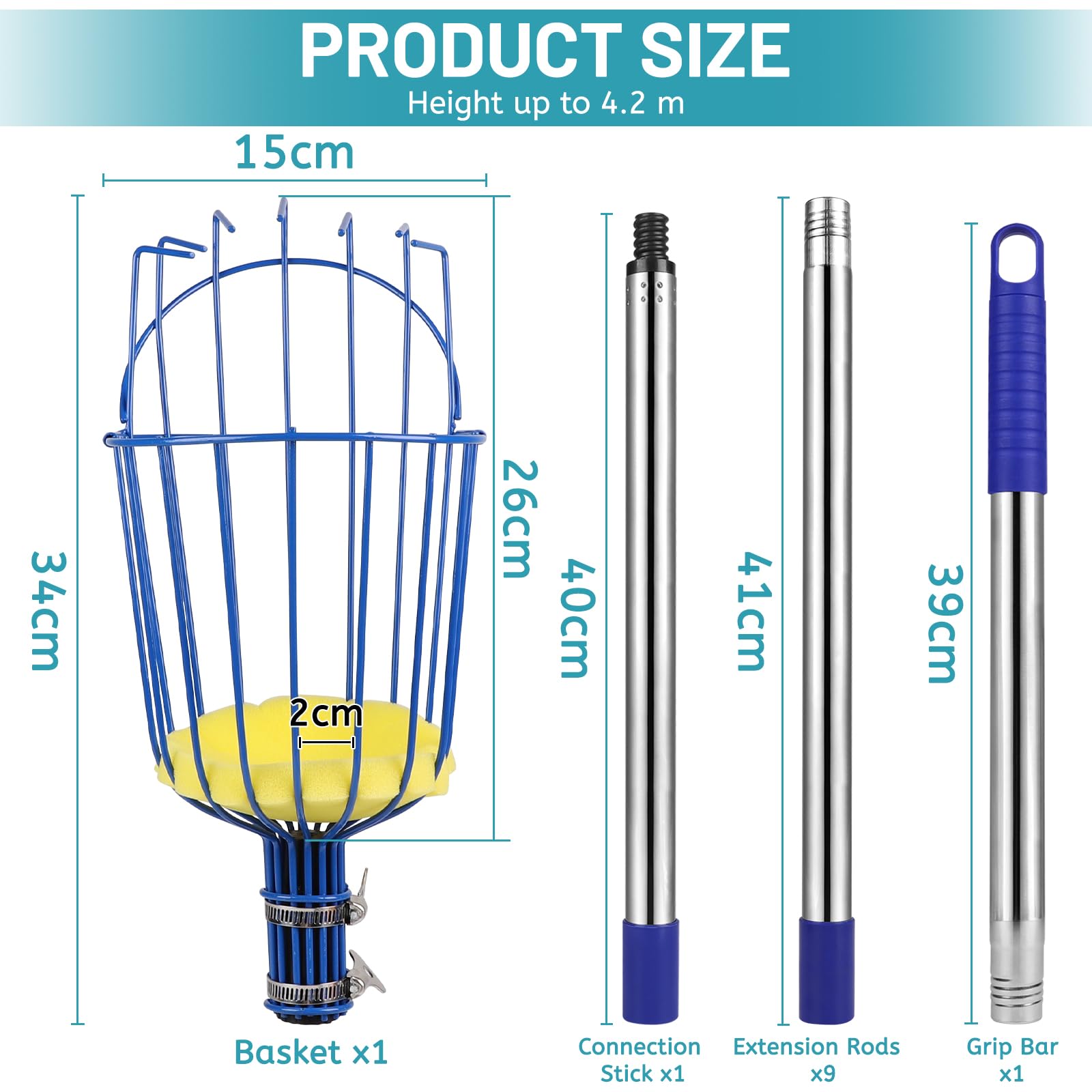 DBREAKS 4,2 m Recogedor de Frutas, Recogedor de Manzanas con Barra telescópica de Aluminio Ligero, Recogedor de Frutas con Cojín, Fácil de Montar, Diámetro de 16cm