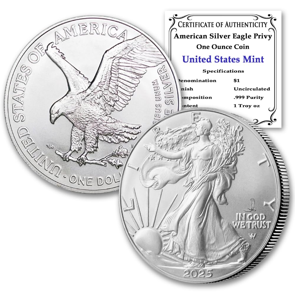 2025-1 oz American Silver Eagle Coin Brilliant Uncirculated (Eagle Privy) with Certificates of Authenticity $1 Seller BU