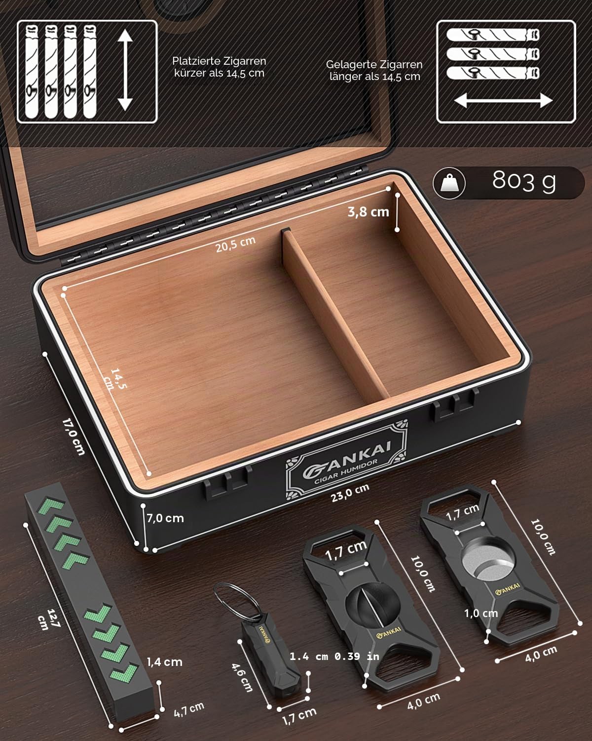 Zigarren-Humidor, Zigarrenbox mit Vollglas-Deckel mit Luftbefeuchter und Hygrometer, sturzsicheres, bruchsicheres Zigarrenetui, Aufbewahrungsbox mit Zedernholzauskleidung und Trennwand für 20