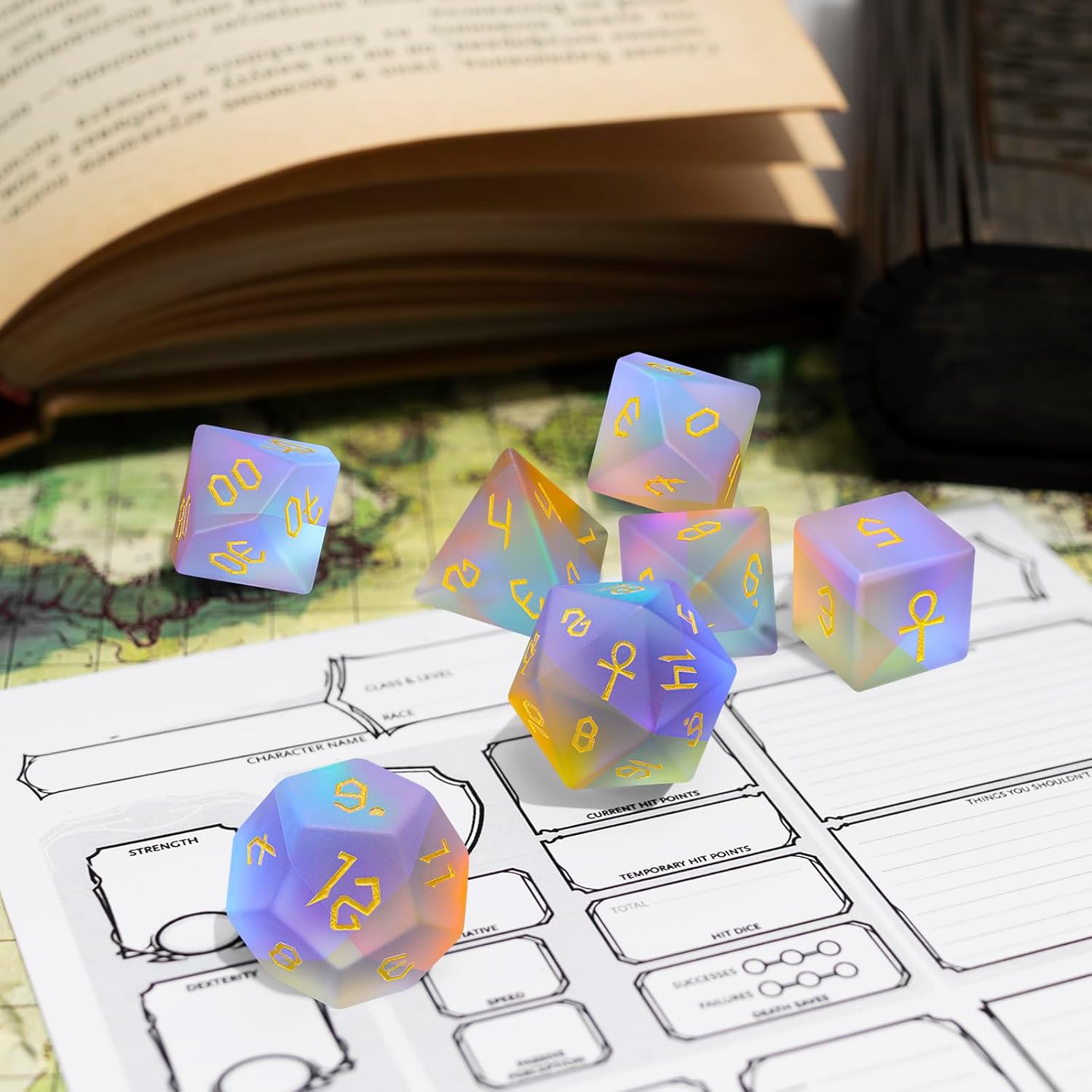 LUCKY-M Prism Glass DND Dice Set, 7PCS Frosted Rainbow Dice Dungeons and Dragons, Polyhedral dice with Case, D&D Dice for RPG and Tabletop Games DND Gift (Ankh)