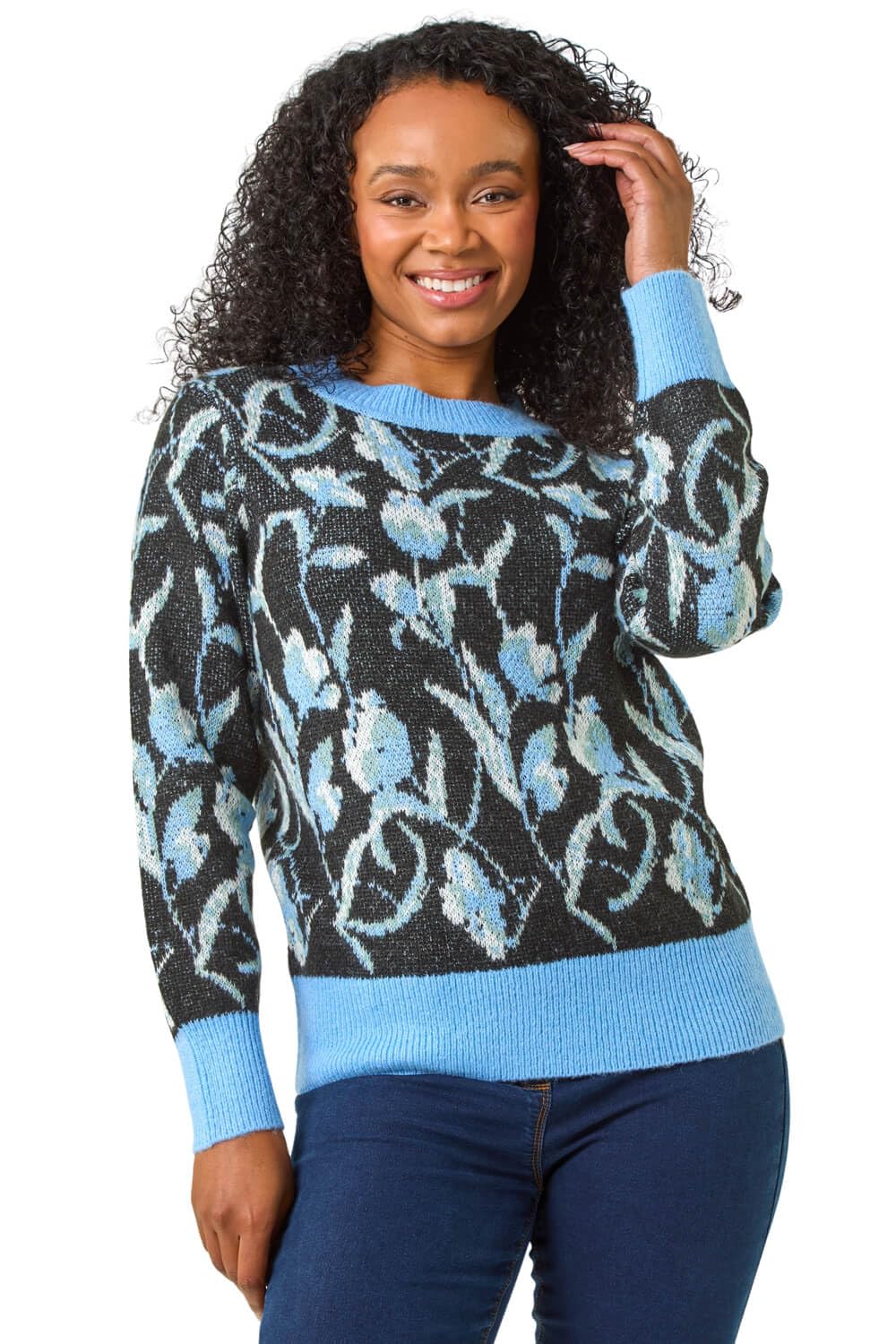 Roman Women's Blue Petite Floral Jacquard Knit Jumper In | : Size 18