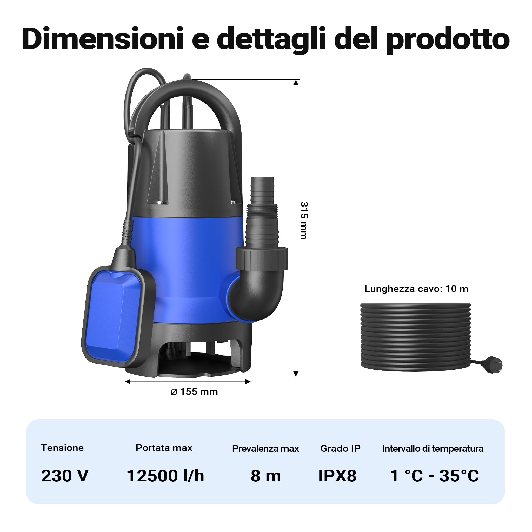 Wiltec Pompa sommersa acque nere 750 w 12500 l/h Elettropompa a immersione per pozzo giardino
