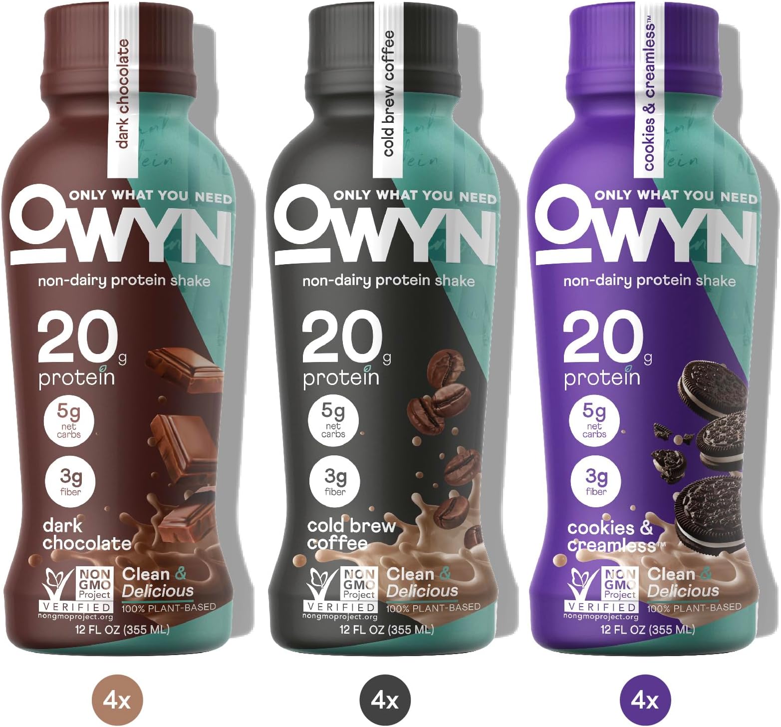 OWYN Only What You Need Protein Shake Variety Pack, Dark Chocolate, Cold Brew Coffee, Cookies and Creamless, 20g Protein, 4g Sugar, 3g Fiber, Dairy Free, Plant Based Protein Drink, 12 CT