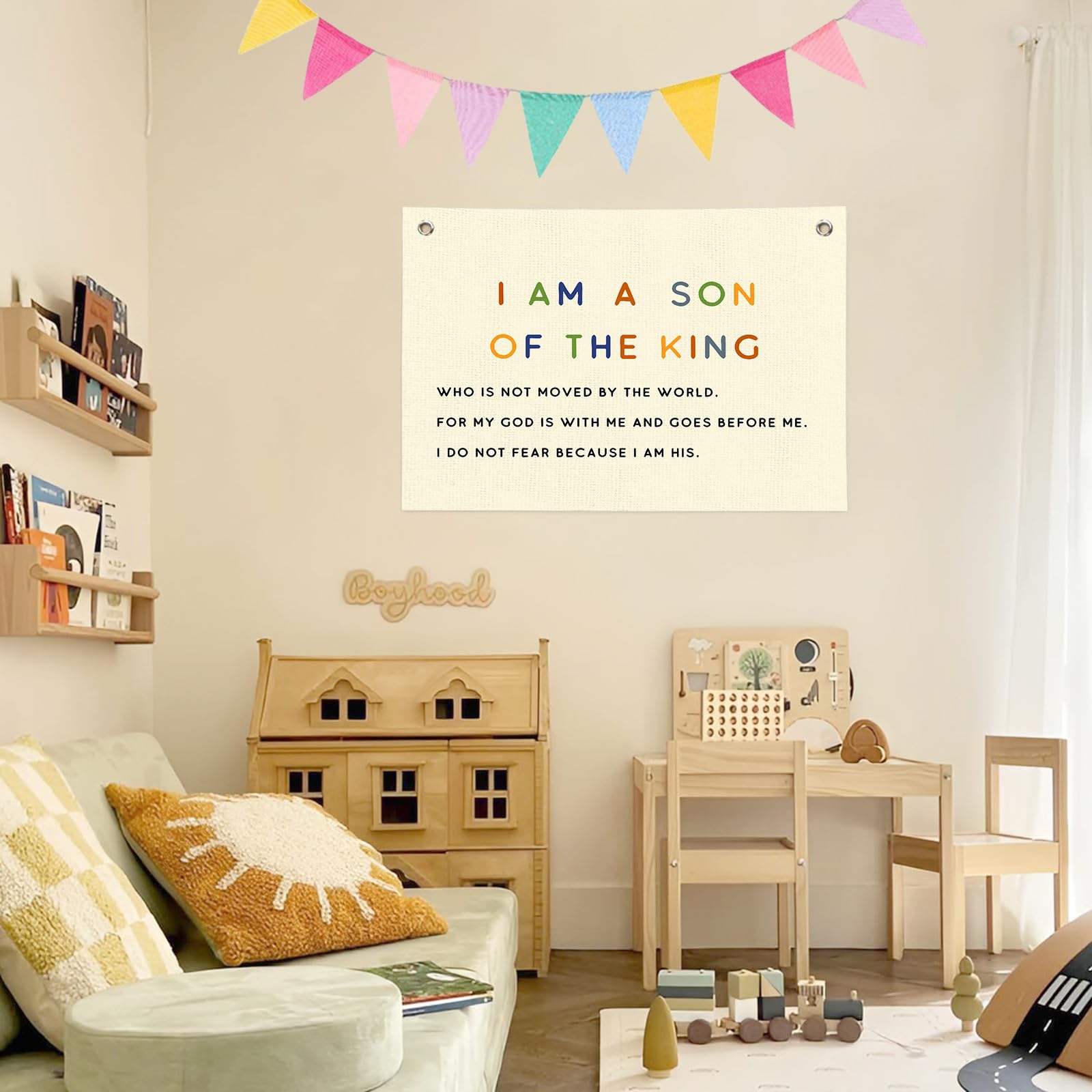 BOQTMK Christian Wall Decor Set for Boys Room, Bible Verse Linen Banner 30x20 Inch+4m 12Pcs Colorful Triangle Flag Banner, I Am A Son of The King Neutral Wall Decor, Birthday Christmas Gift