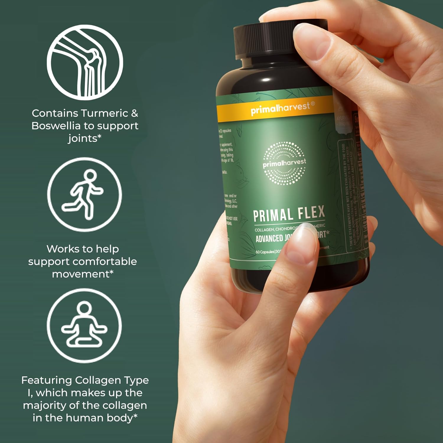 Primal Harvest Primal Flex with Turmeric, Hyaluronic Acid, Type II Collagen and Boswellia for Joint Comfort, Flexibility and Mobility Support (60 Count (1 Pack)) - Image 6