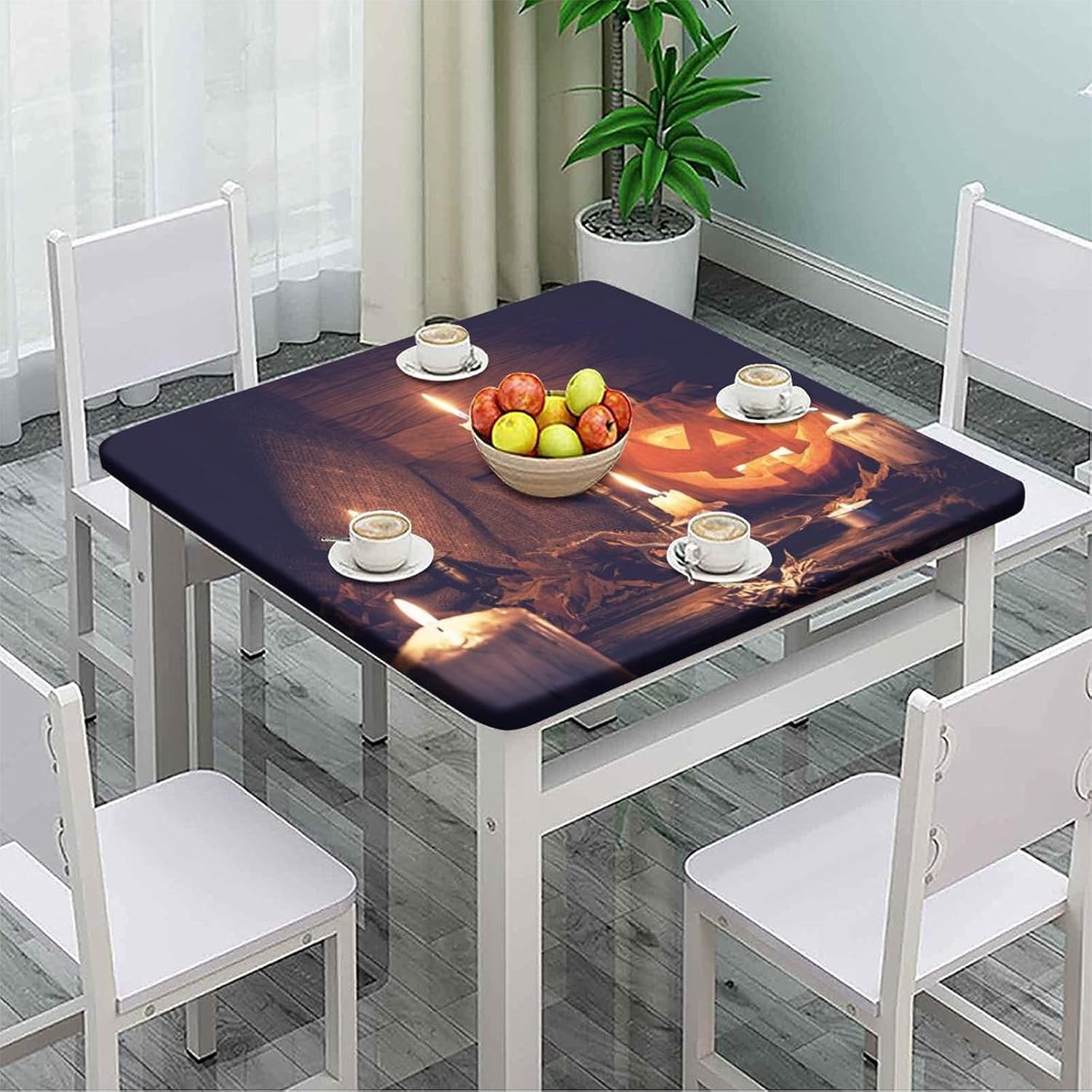 Square Card Table Elastic Fitted Tablecloth, Halloween Pattern Printed on Wrinkle Resistant Polyester Table Cloth, Great for Home Kitchen Parties Holiday Dinner, Fit for 54" x 54" Square Table