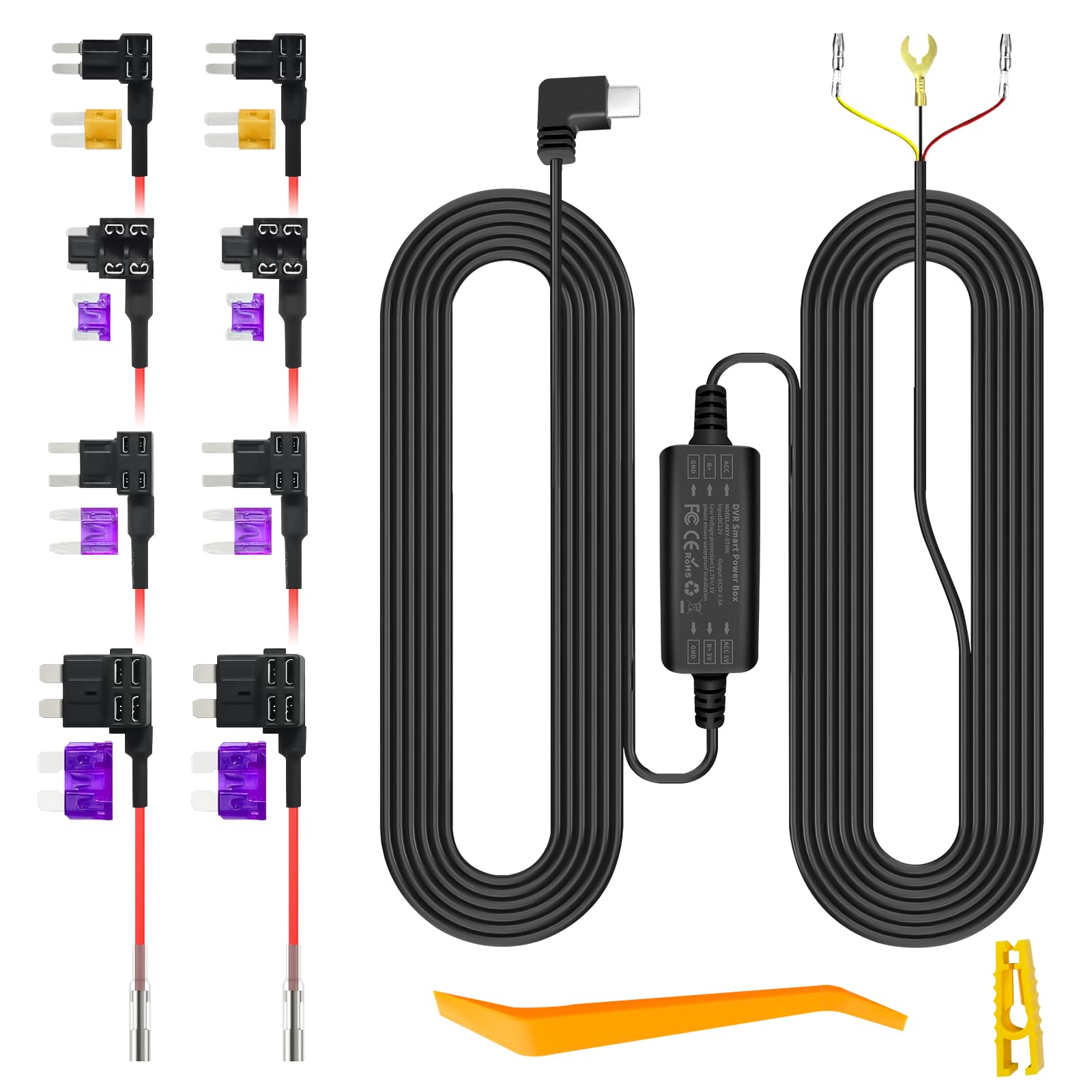 Multi-Function Dashboard Camera Hard-Wired Installation kit Supports 24-Hour Parking Monitoring and Low Voltage Protection USB-C 5V 1A 3A
