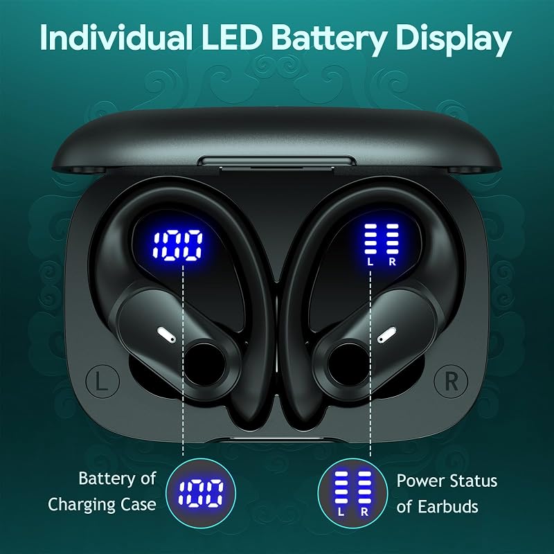 Active Noise Cancelling Ear Buds Wireless Earbuds 80H Playtime Bluetooth Headphones Over Ear Hooks Earphones with Power Display Case Hi-Res Stereo & Clear Calls for Sports Running Gym Workout Black image 6