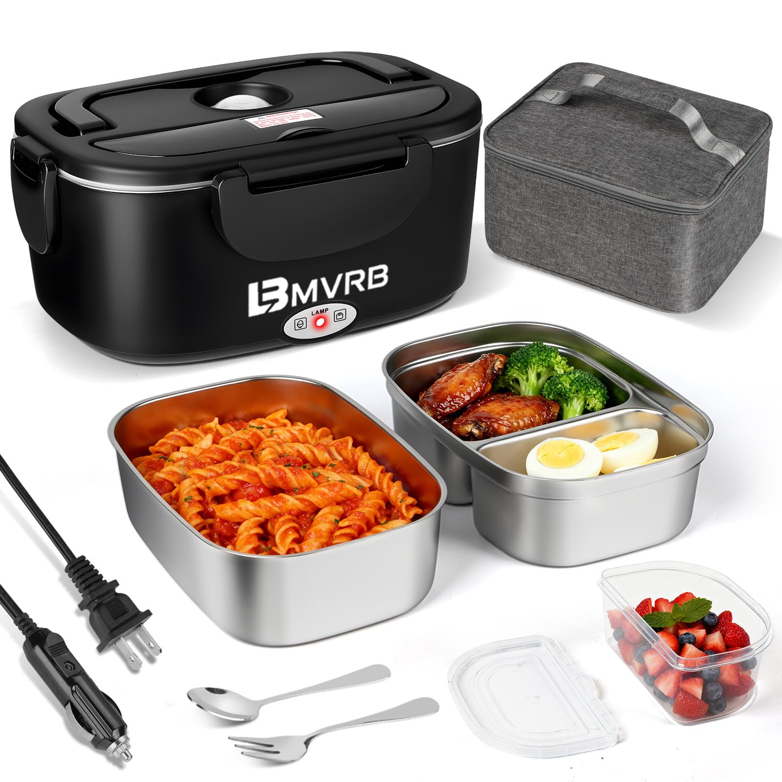 - Electric Lunch Box for Adults - 80W Fast Heating, 12V/24V/110V, Dual Stainless Steel Containers, Portable for Car/Truck/Office/Outdoor (Black)