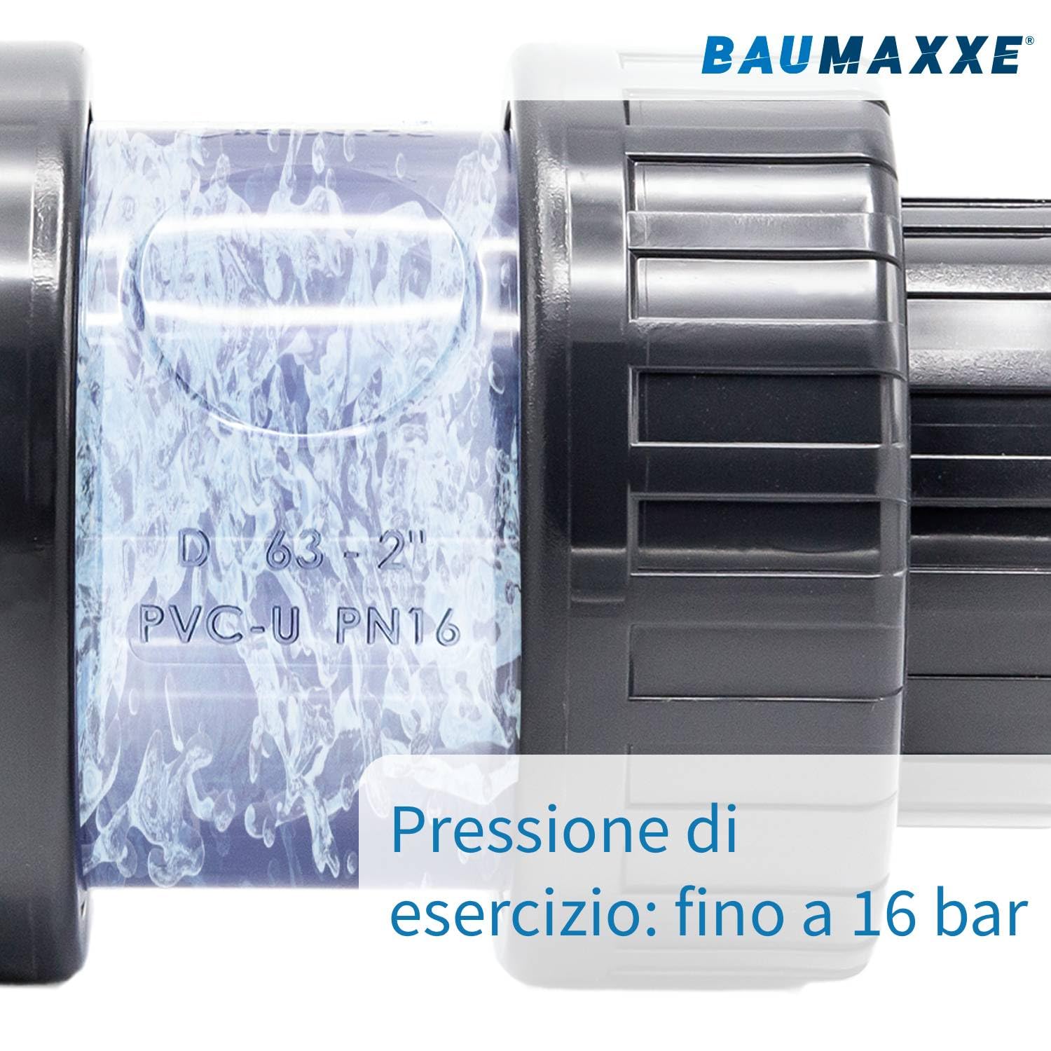 Manicotto PVC trasparente Ø 63 mm PN16 - bm326 | Raccordo PVC con spia visiva, doppio incollaggio per piscine, impianti tecnici e irrigazione.