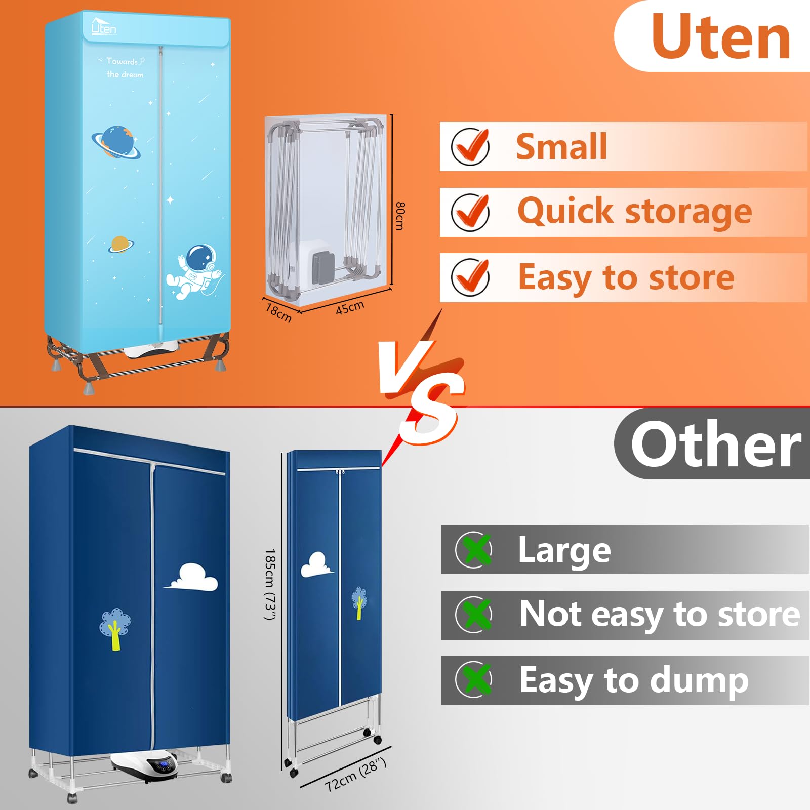 Uten Portable Electric Clothes Dryer 1.7m, 1500W Folding Dryer, Quick Installation and Storage, 15kg Capacity, 180 Min Timer and PTC Heating Function, Noise Reduction — view 6