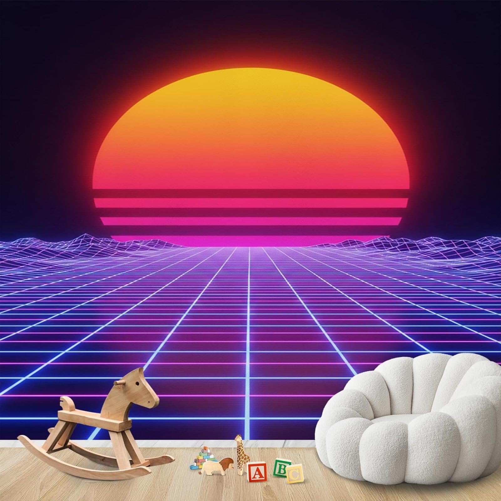 Vaporwave wallpaper, Neon Sunset photo wallpaper for bedroom, Non-woven wallpaper for gaming living room, Geometric patterned wallpaper for children's room, 250cm x 175cm Stickers - Frameless Painting