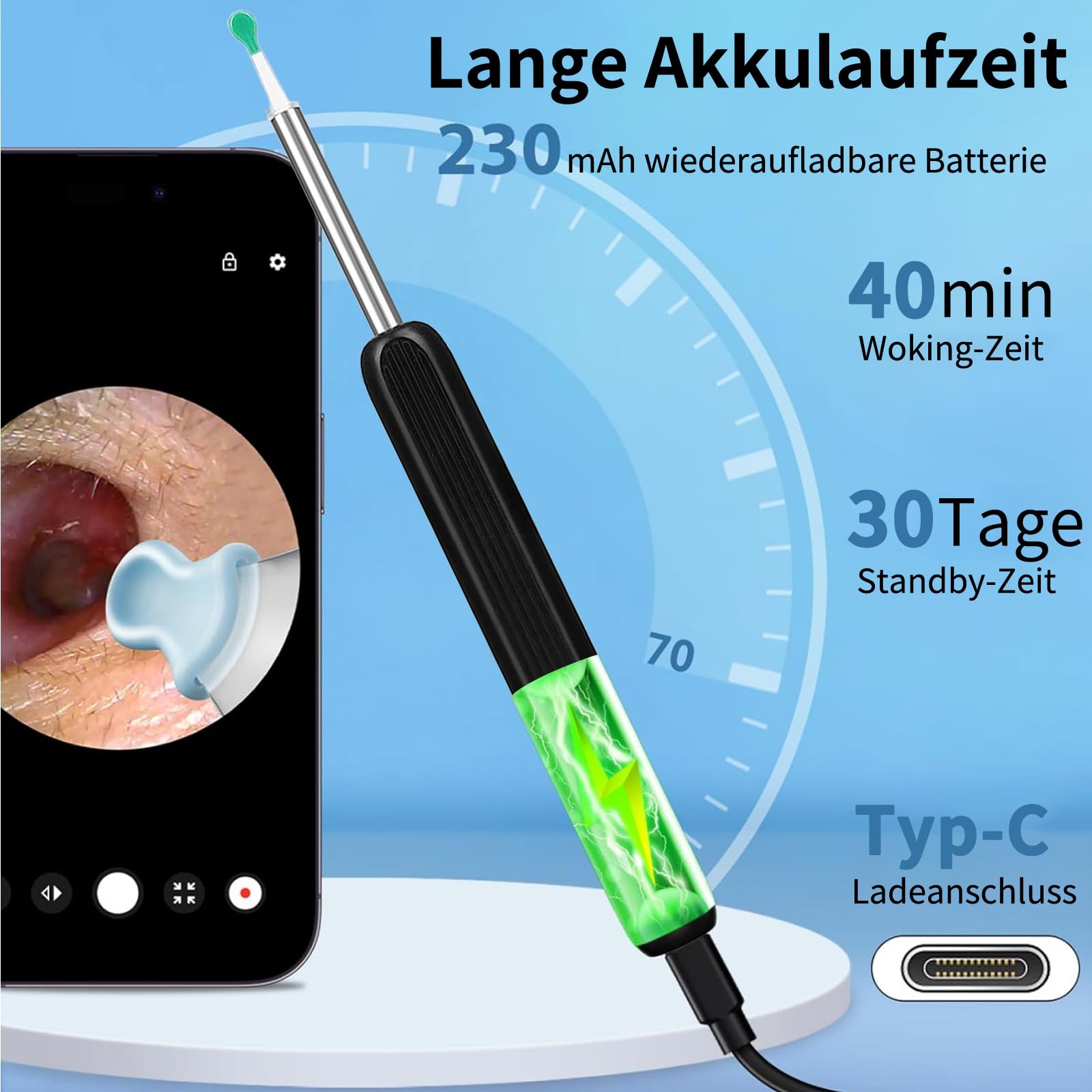 Miluna Ohrenreiniger, OIP67 Wasserdicht Ohrklar mit 6 LEDs, Miluna Pro Ohrenreiniger mit 1080P HD WiFi Kamera, hrenschmalz Entferner Otoskop für iPhone, iPad und Android-Smartphones