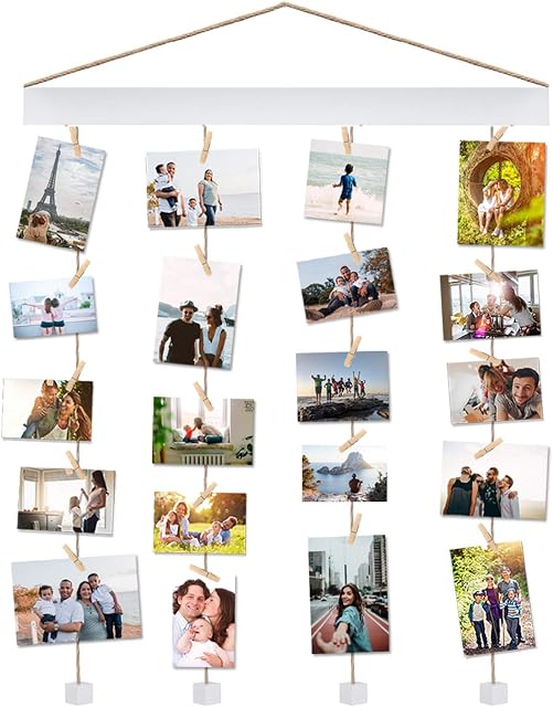 Vencipo Multi Photo Display Pictures Organizer with 24 Clips, DIY Wood Picture Frames Collage for Hanging Wall Decor. (White, 16''x24''inch)