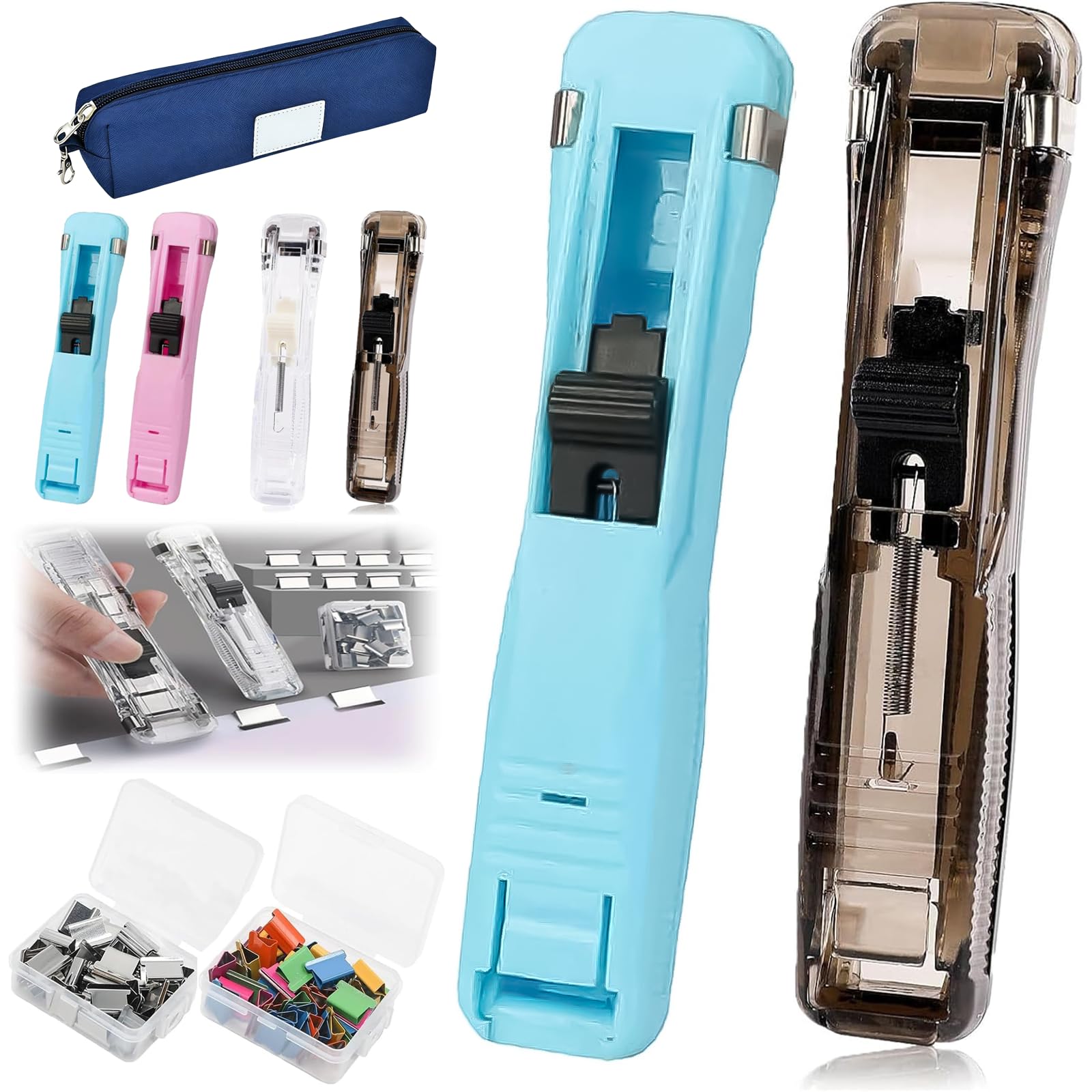Portable Binder Clip Stapler - Includes 100 Reusable Clips, Handheld Paper Clam Clip Dispenser, Mini Push Stapler Clamp Staplers, Refillable Office Staplers Set, for Fixing Documents (C)