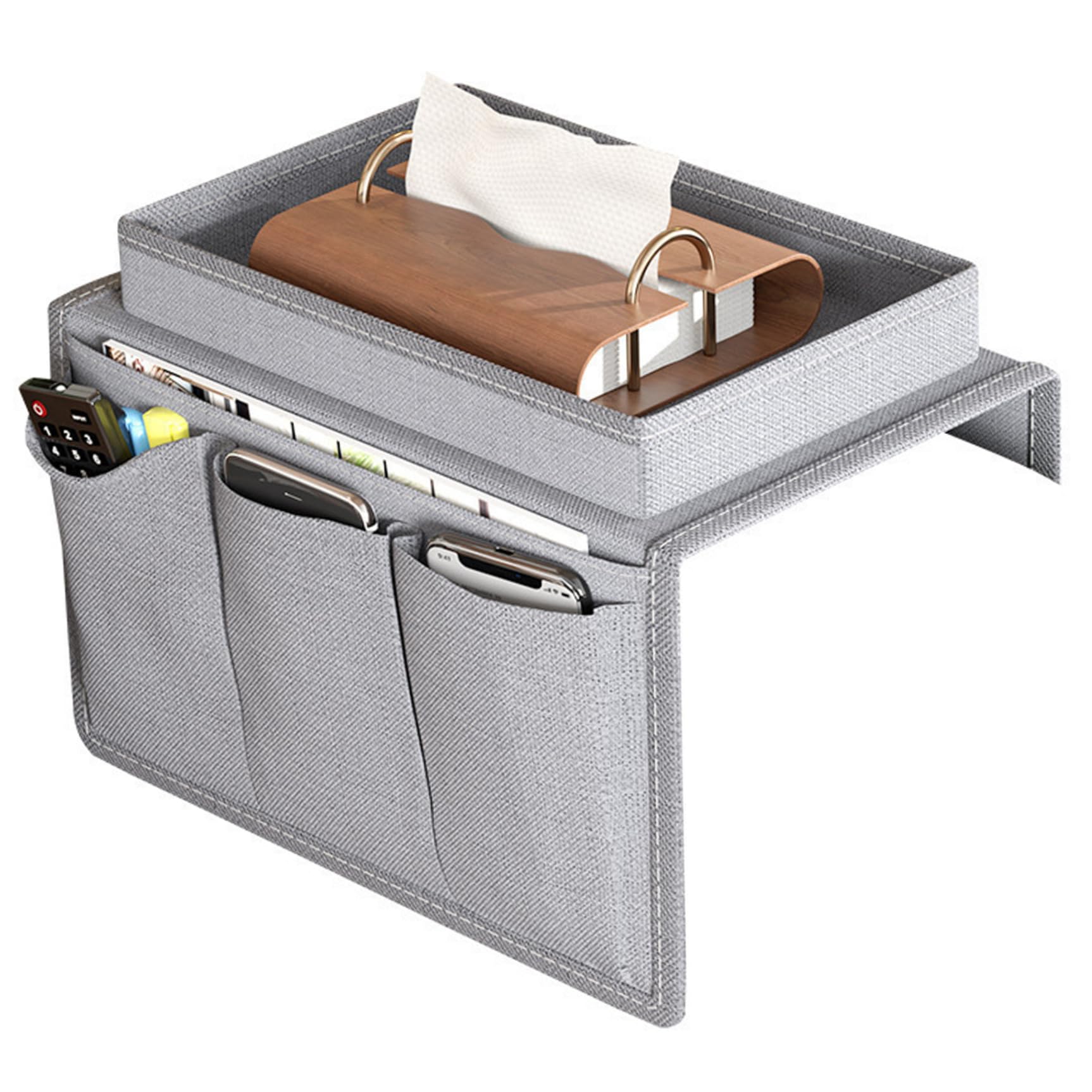 Licsaliwe Armchair Caddy with Cup Holder, Foldable Sofa Organizer Tray with Storage Pockets for Phone Tablet Remote Drinks