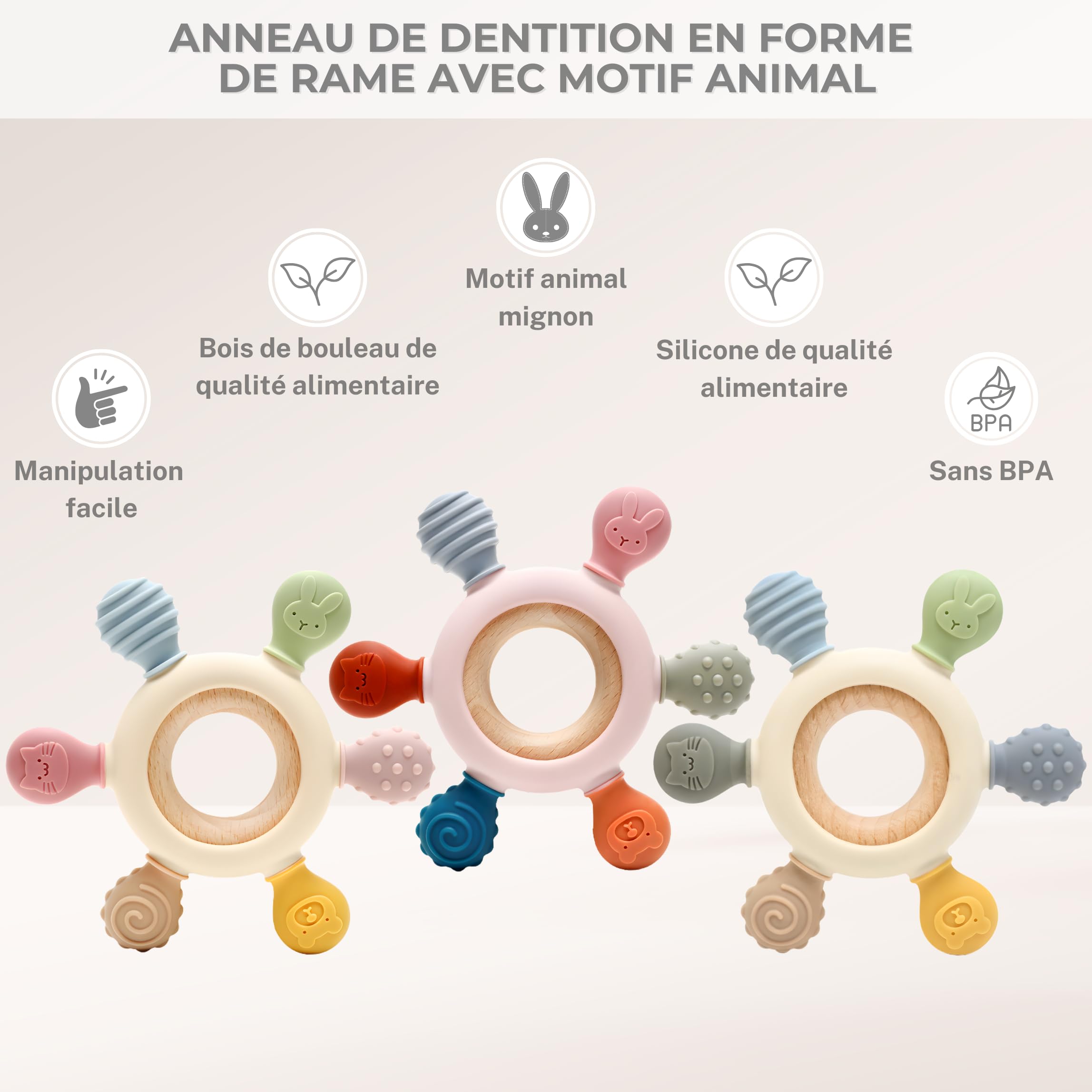 CAJA anneau de dentition bébé en silicone et bois jouet de dentition sans BPA motif animal cadeau naissance garçon fille prise facile
