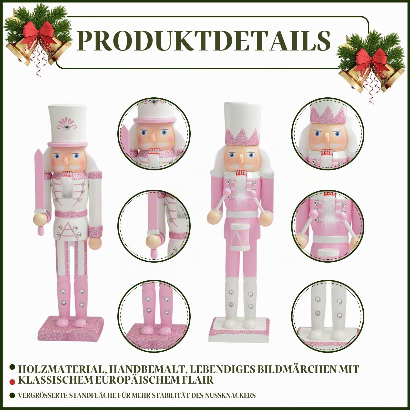COSORO 30cm Rosa Weihnachten Nussknacker Figur,2 Stück Holz Nussknacker Soldat Große Traditionelle Weihnachtsdekoration Indoor Klassische Kiefernholz Ornamente für Weihnachten Weihnachtsschmuck