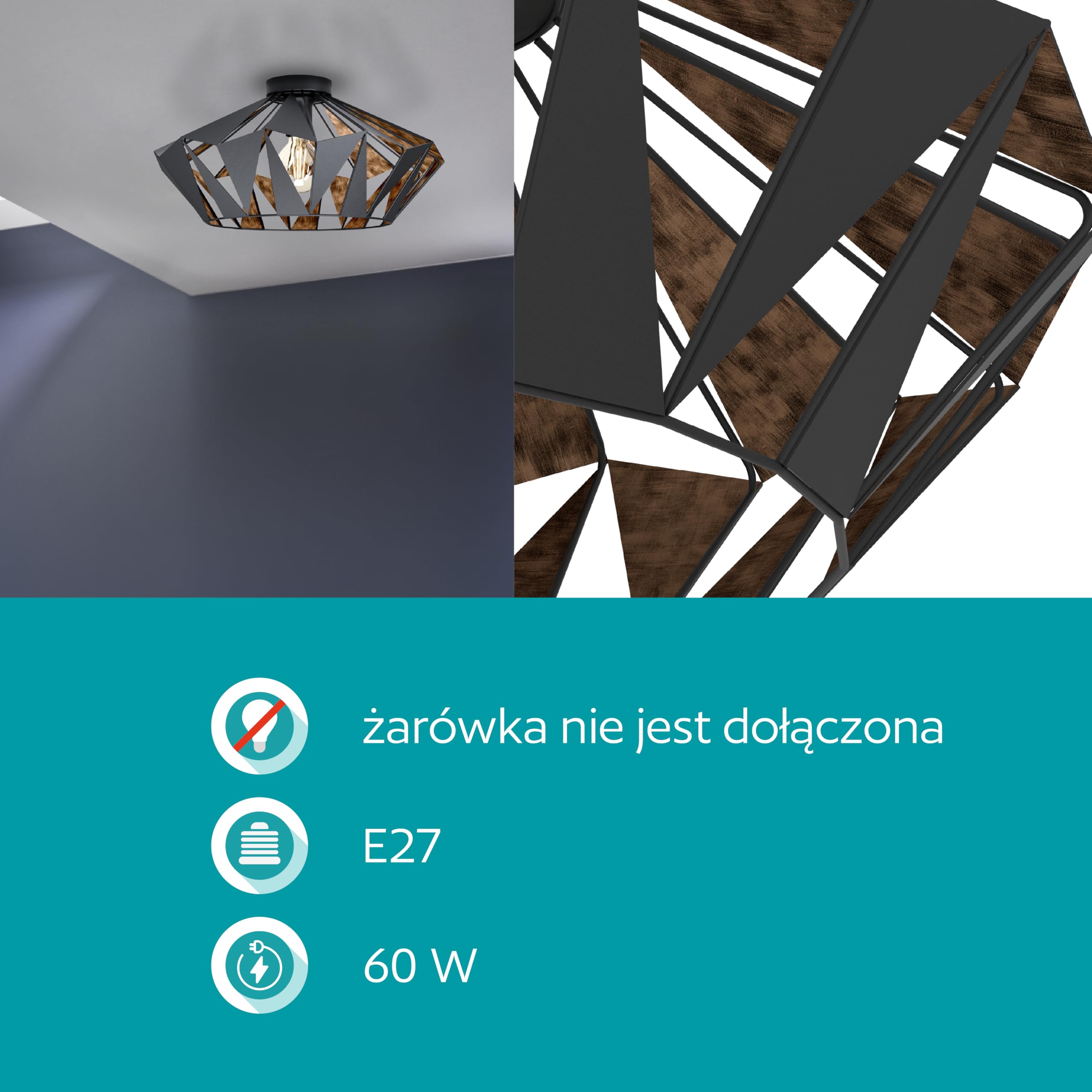 EGLO lampa sufitowa Carlton 6, E27 | oświetlenie vintage w stylu industrialnym i retro, stalowa oprawa do salonu, czarno-miedziana, do kuchni i korytarza