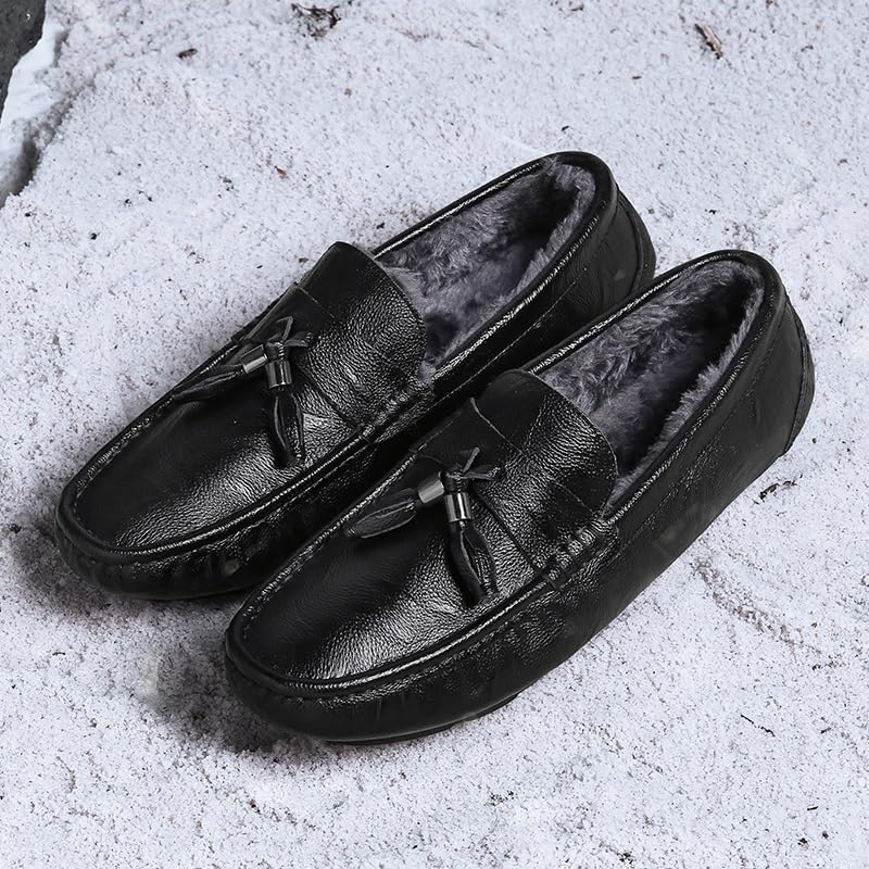 Mens Loafers Shoe Round Toe Leather Faux Fur Lining Tassel Comfortable Slip Resistant Flat Heel Outdoor Party Slip-on4