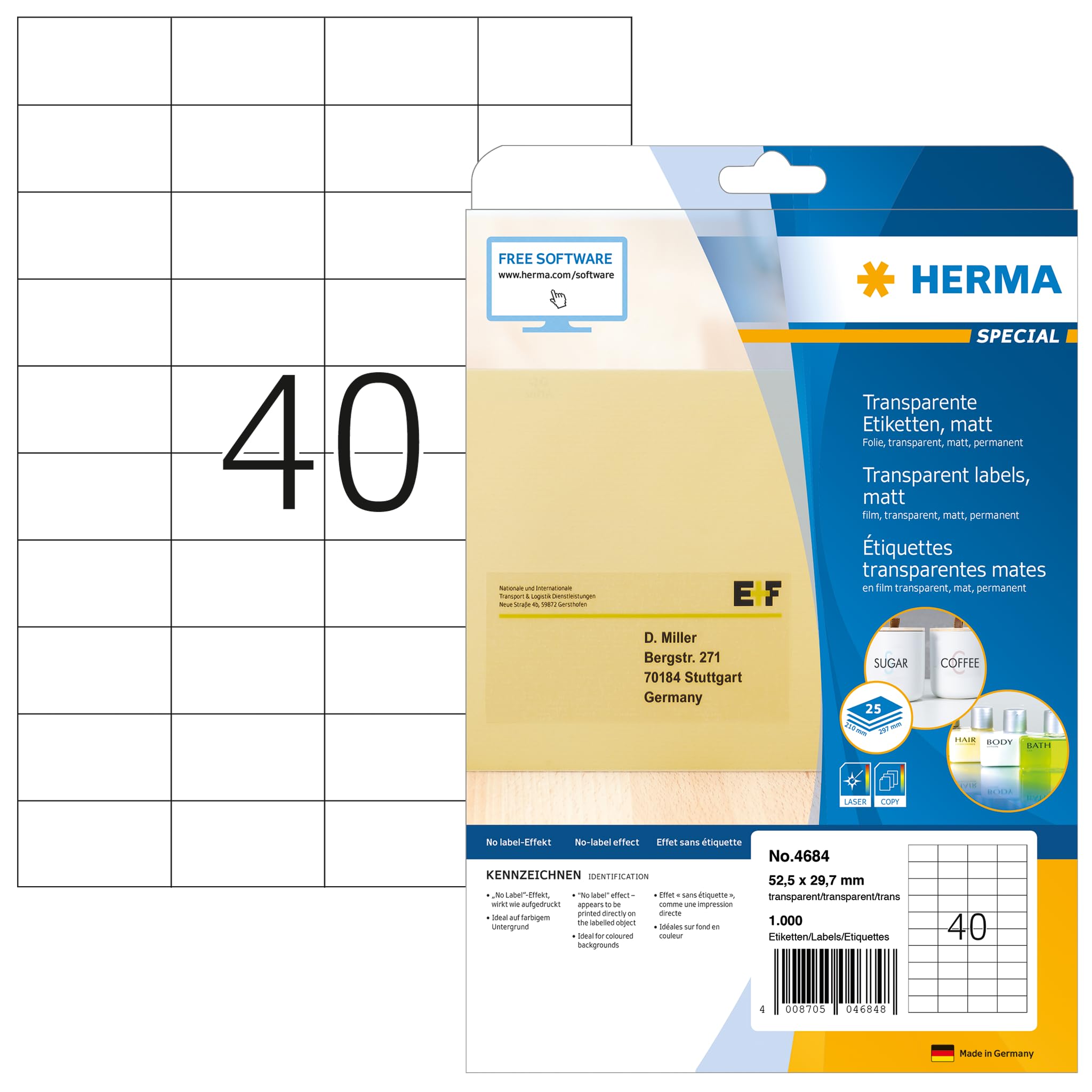 HERMA Self Adhesive Clear Film Labels, 40 Labels per A4 Sheet, 25 Sheets, 52.5 x 29.7 mm, 1000 Labels, Blank Weatherproof Labels Stickers, Sticky Labels for Laser & Inkjet Printer, Transparent
