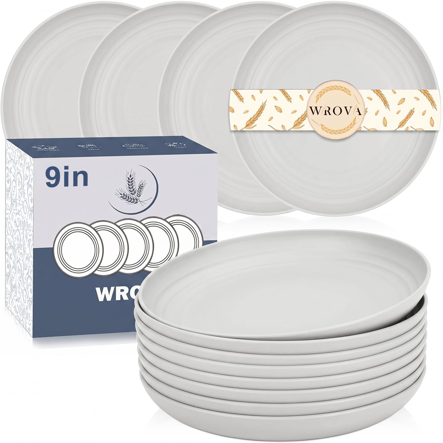 Wrova Plastic Plate Set of 8-9Inch Reusable Deep Plates, Unbreakable & Lightweight Dinner Plates for Salad, Dessert, Fruit Dishwasher & Microwave Plates for Kitchen - LightGrey