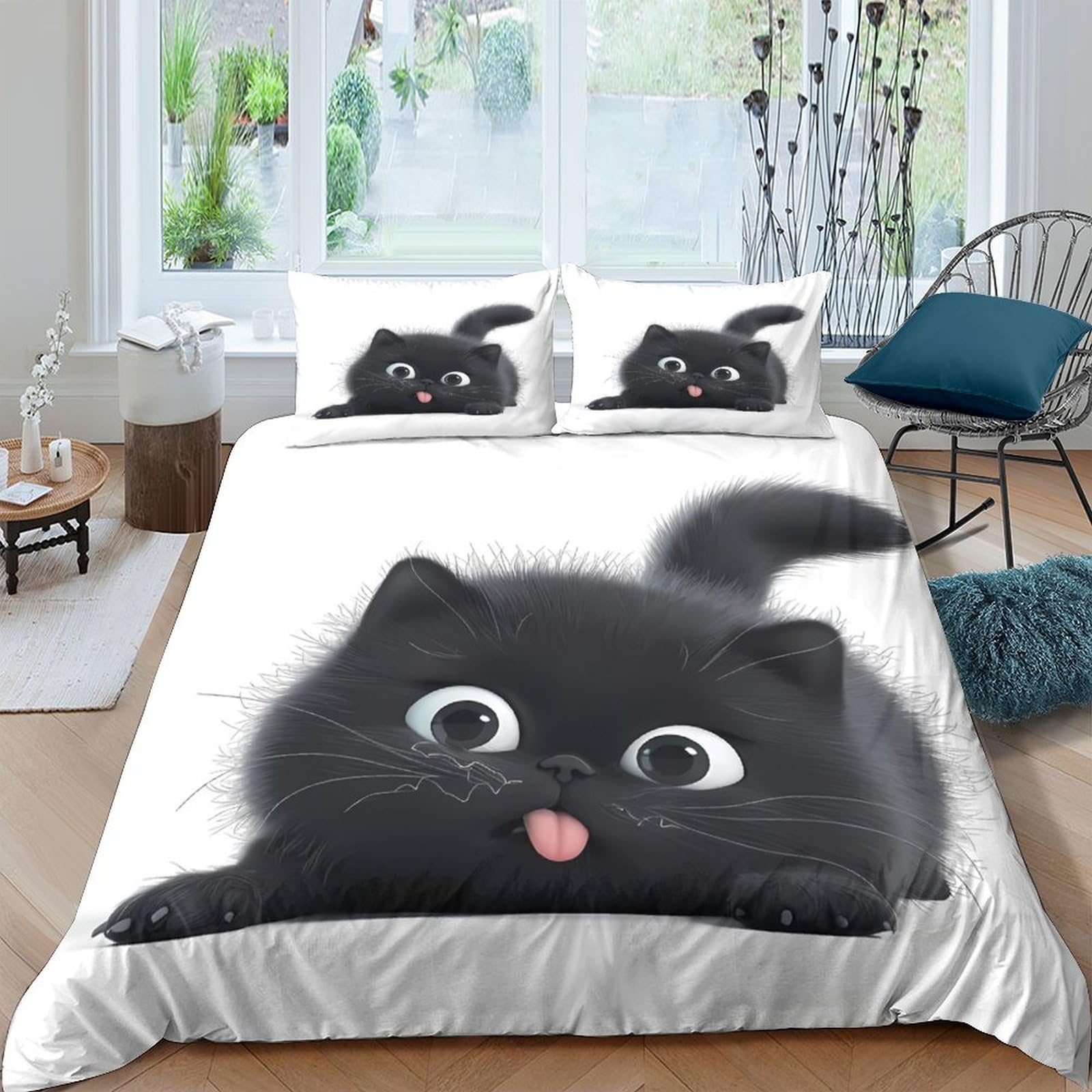 3D Printed cute black kitten Bed Cover Microfiber cartoon animal illust Quilt Cover Hypoallergenic Wrinkle Resistant Breathable Lightweight Easy Care for Bedroom Daily Use Super king（260x220cm）