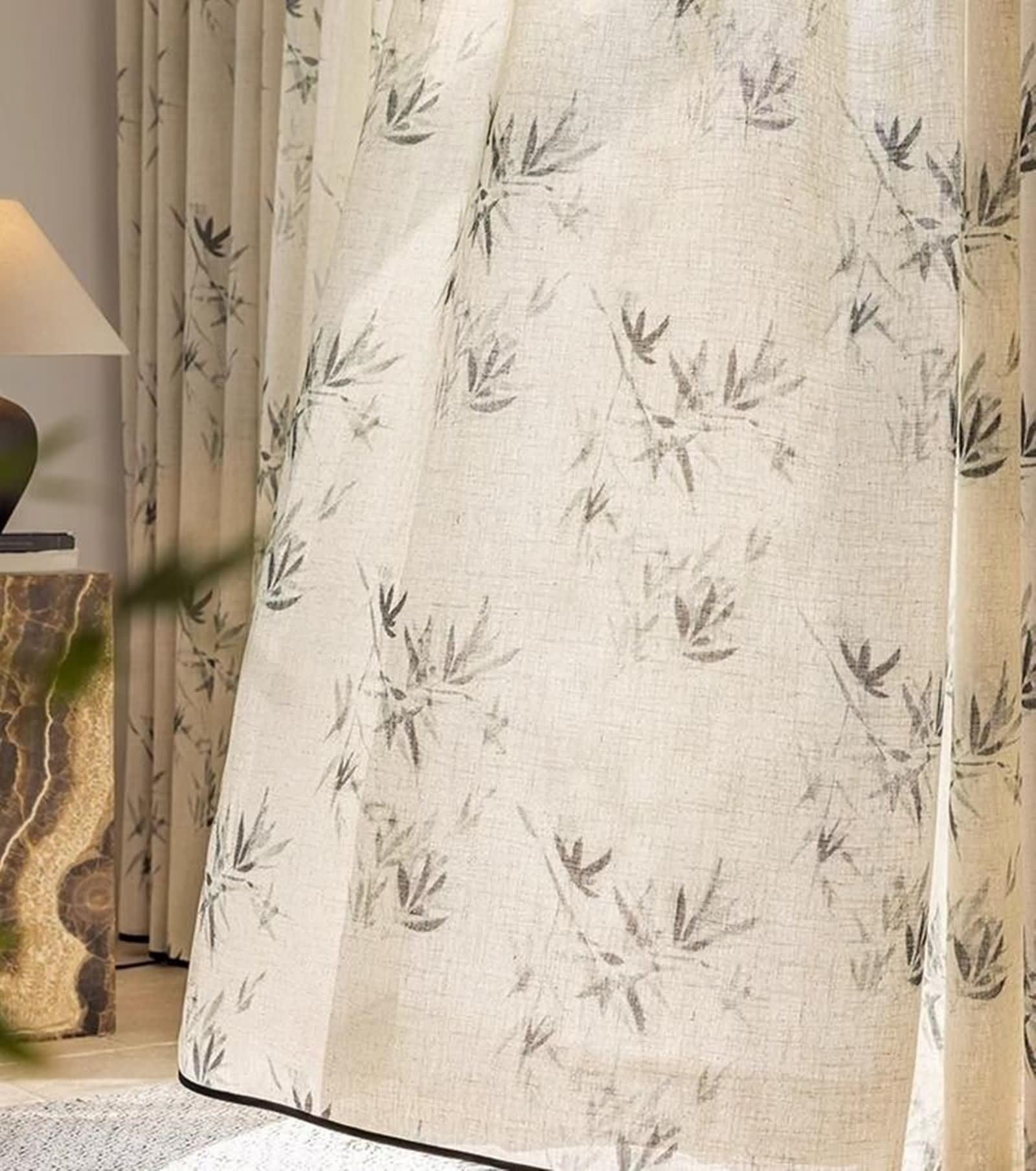 Zazdrostki kuchenne, zestaw 2 sztuk, zasłony w stylu boho, do użytku na zewnątrz, beżowe, szare, czarne, wzór liści, len, 132 x 244 cm