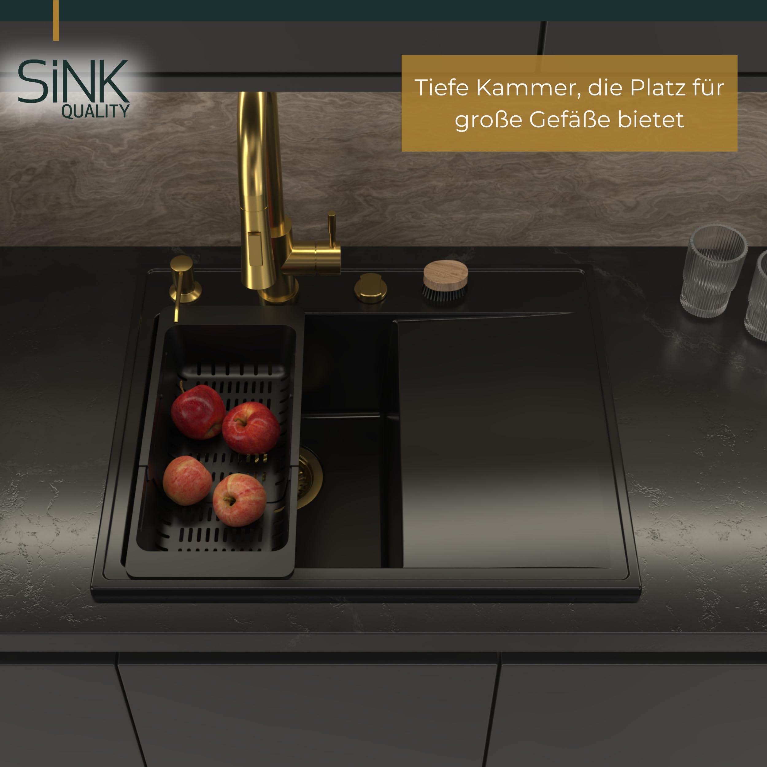 SINK QUALITY Spülbecken Komplettset mit Armatur 60x50 cm - Küchenspüle schwarz gesprenkelt mit Abtropffläche - Küchenarmatur, Seifenspender, Sieb, Siphon - Spüle links für 40er Unterschrank